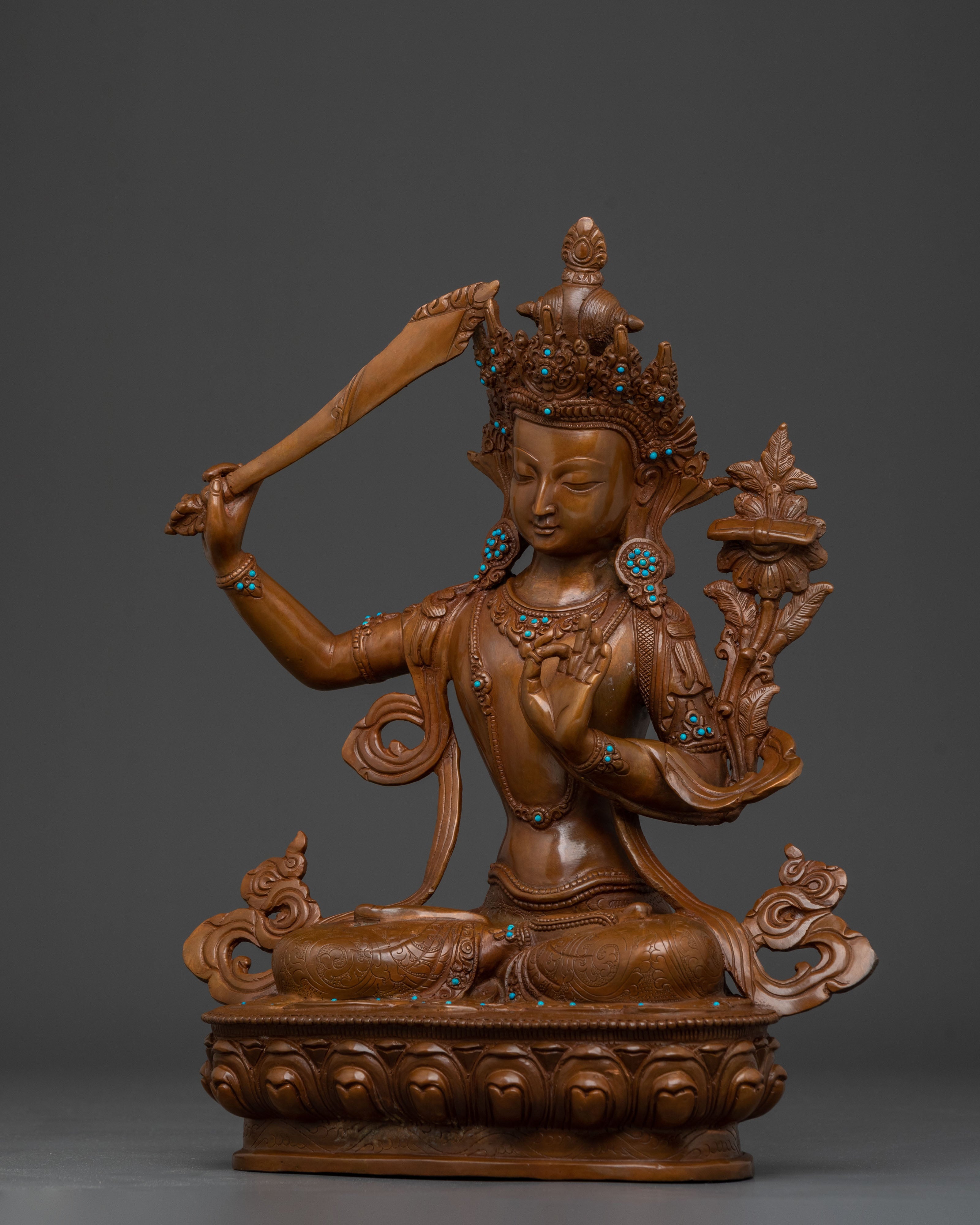 Handmade Manjushri Statue: Oxidized Copper Body