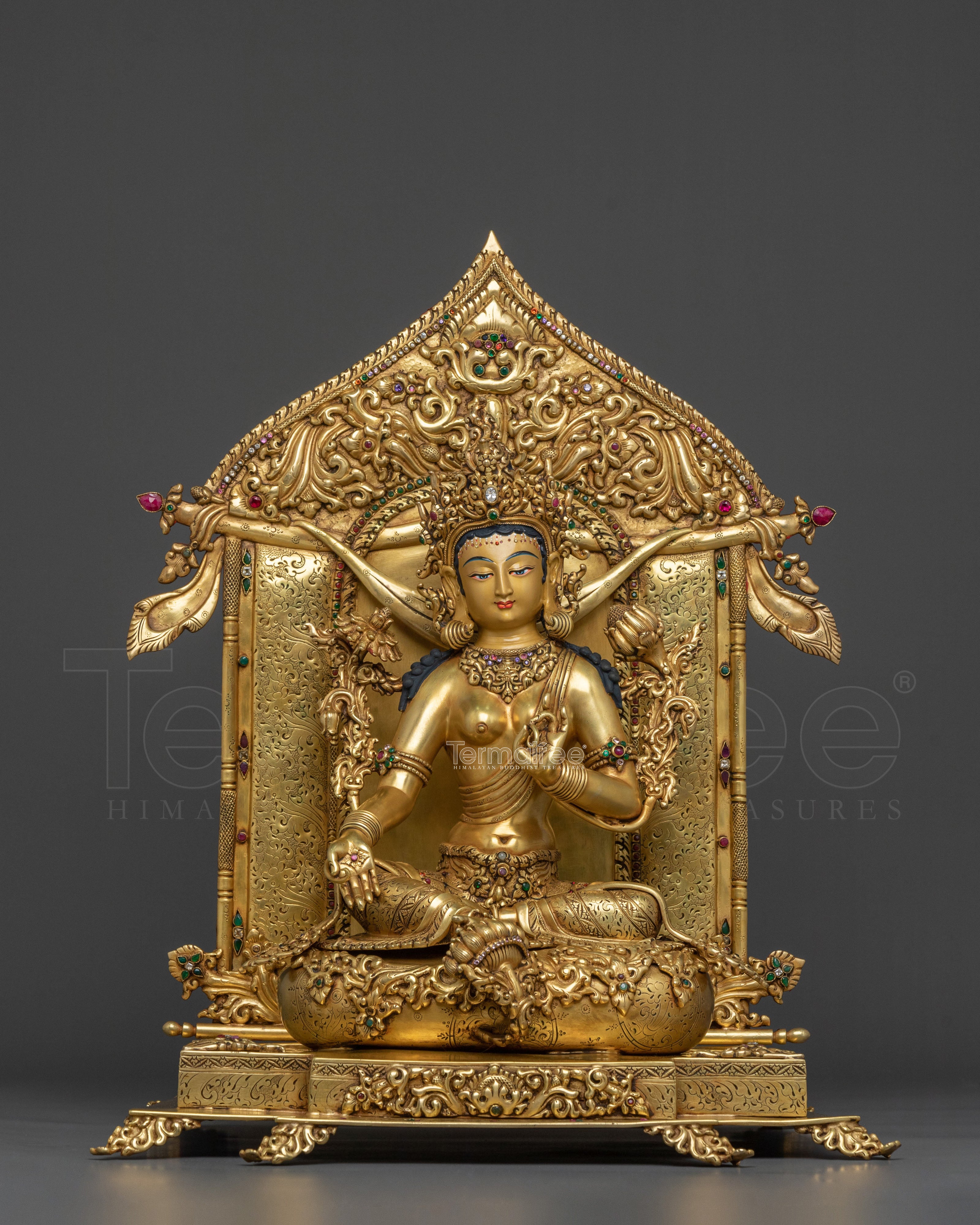 Green Tara Statue On Throne