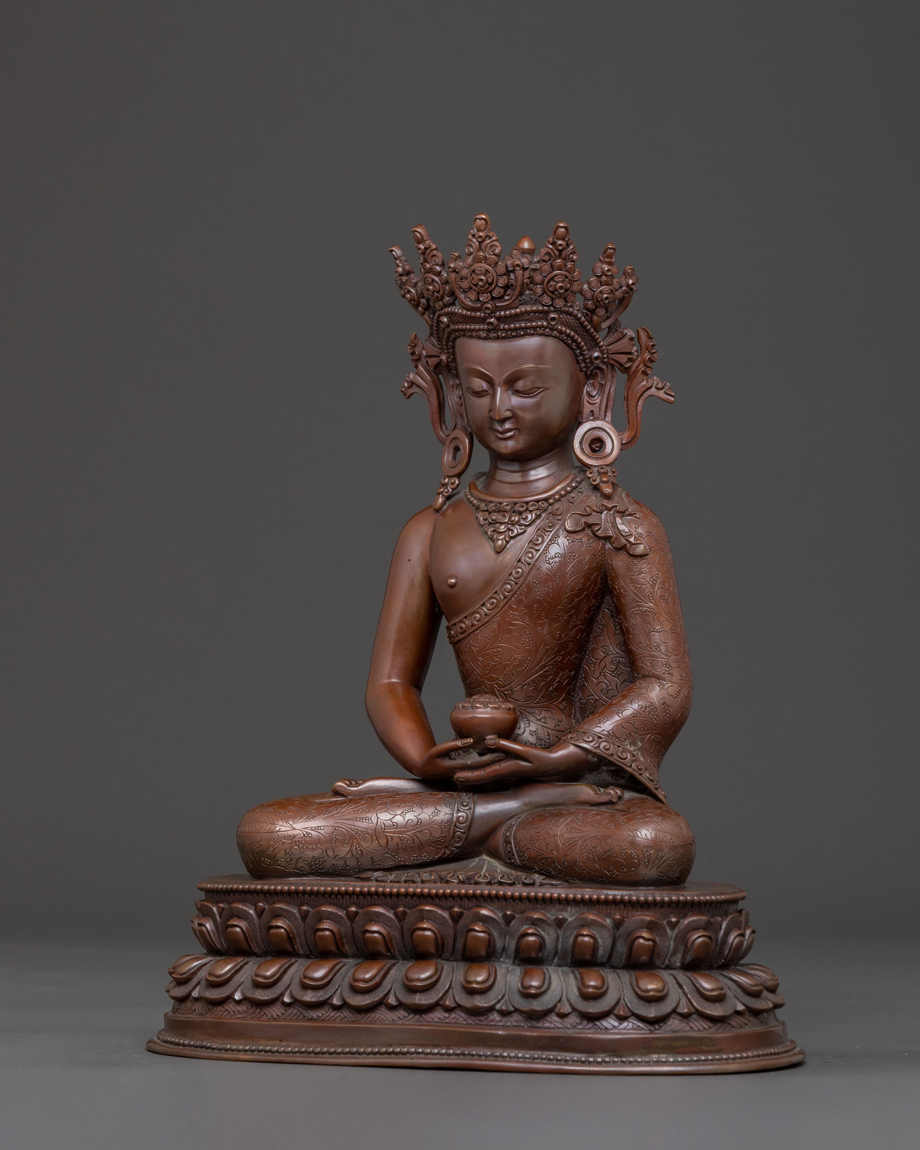 Crown Amitabha Buddha Statue in Oxidized Copper