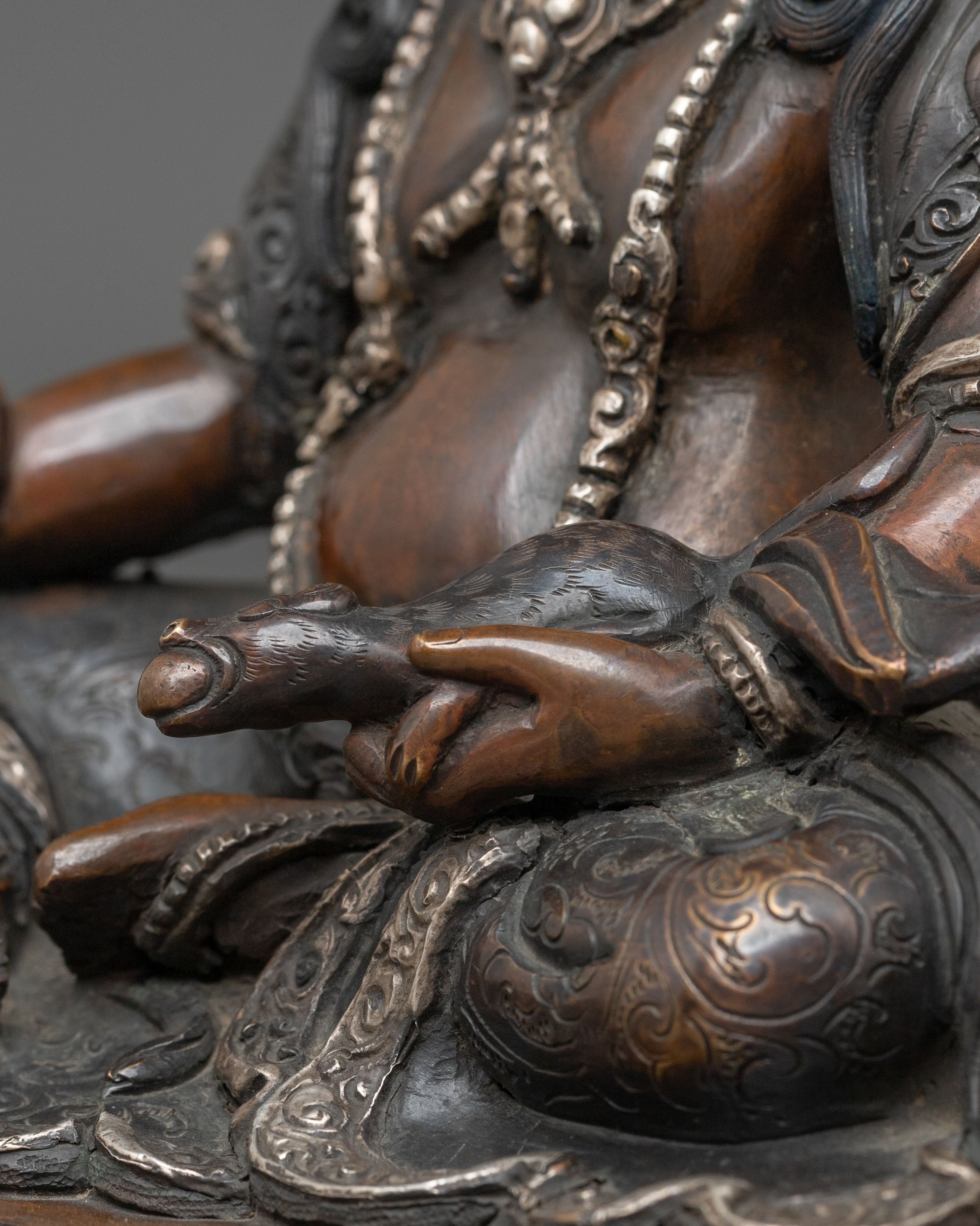 Dzambhala Statue in Oxidized Copper with Silver Plating