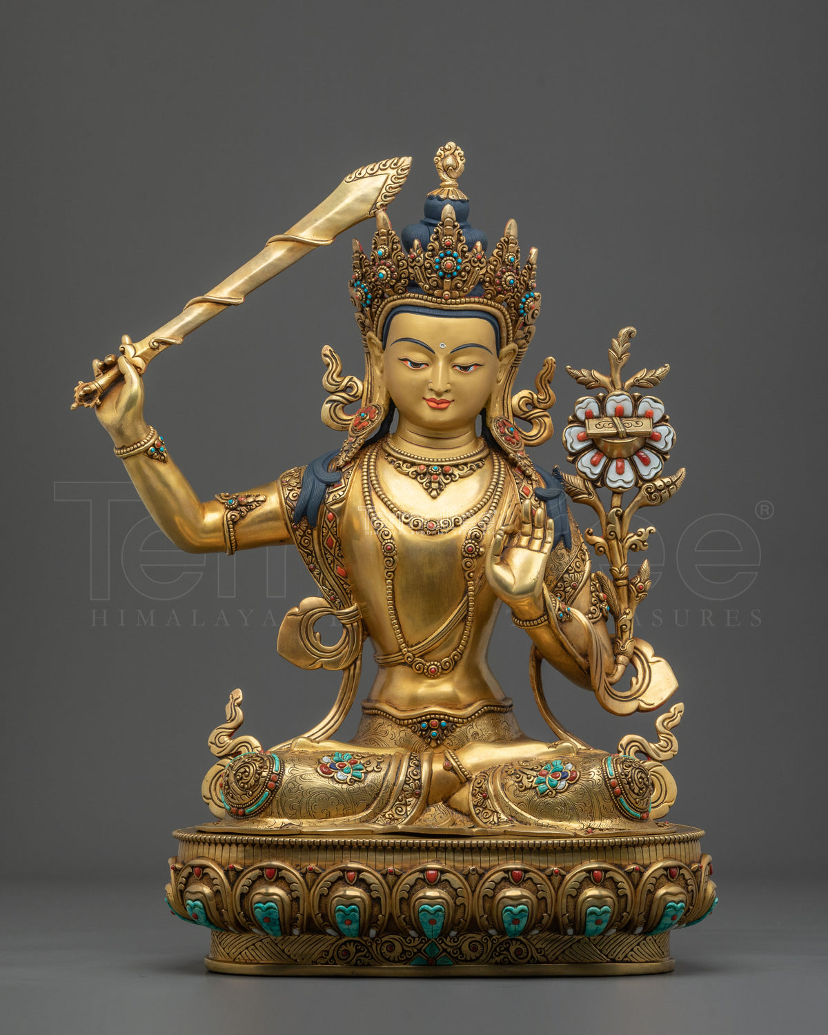 Manjushri Sacred Copper Statue | 24K Gold Gilded Wisdom Bodhisattva Sculpture