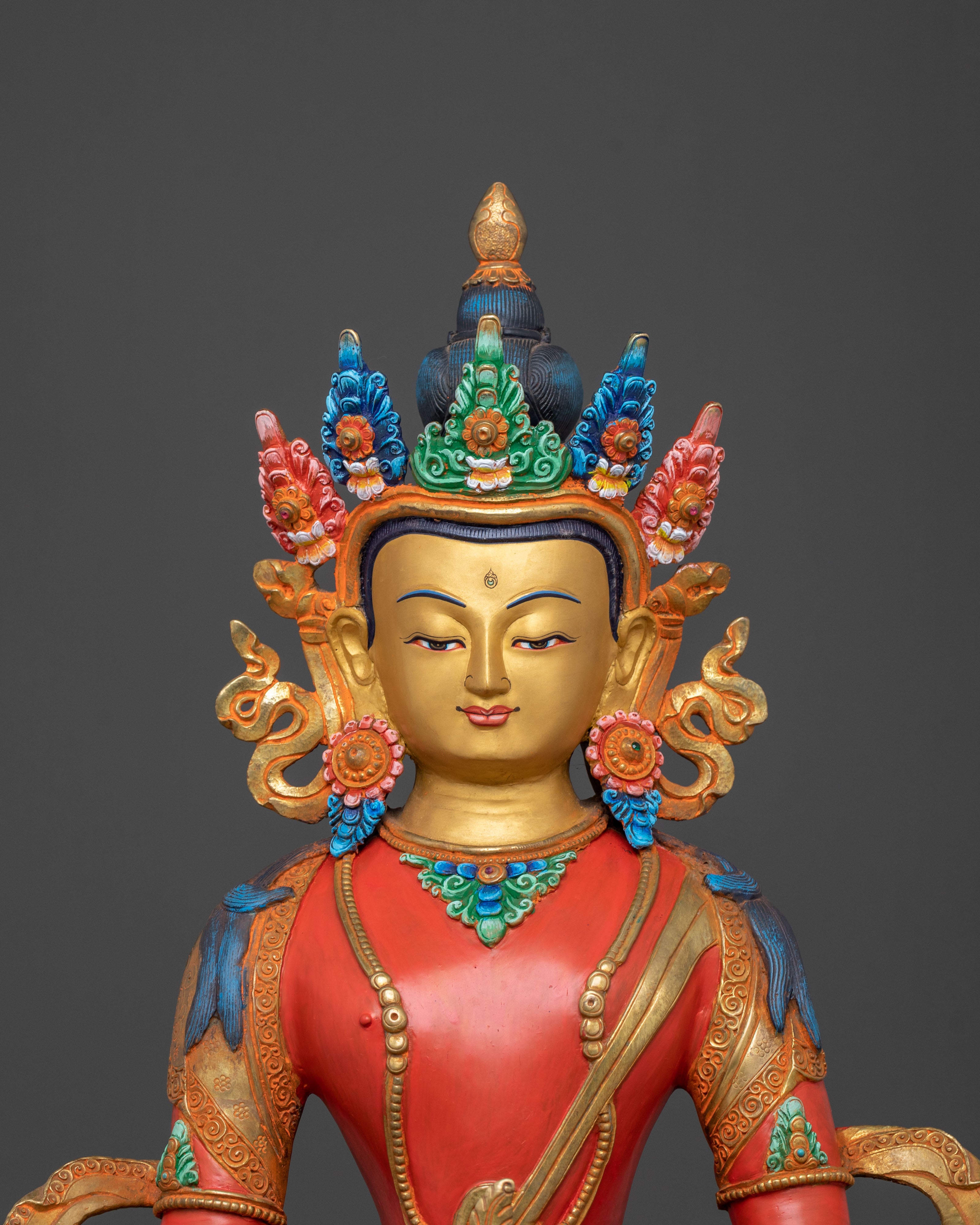 Amitayus Statue Tsepakme: 24K Gold Gilded Copper