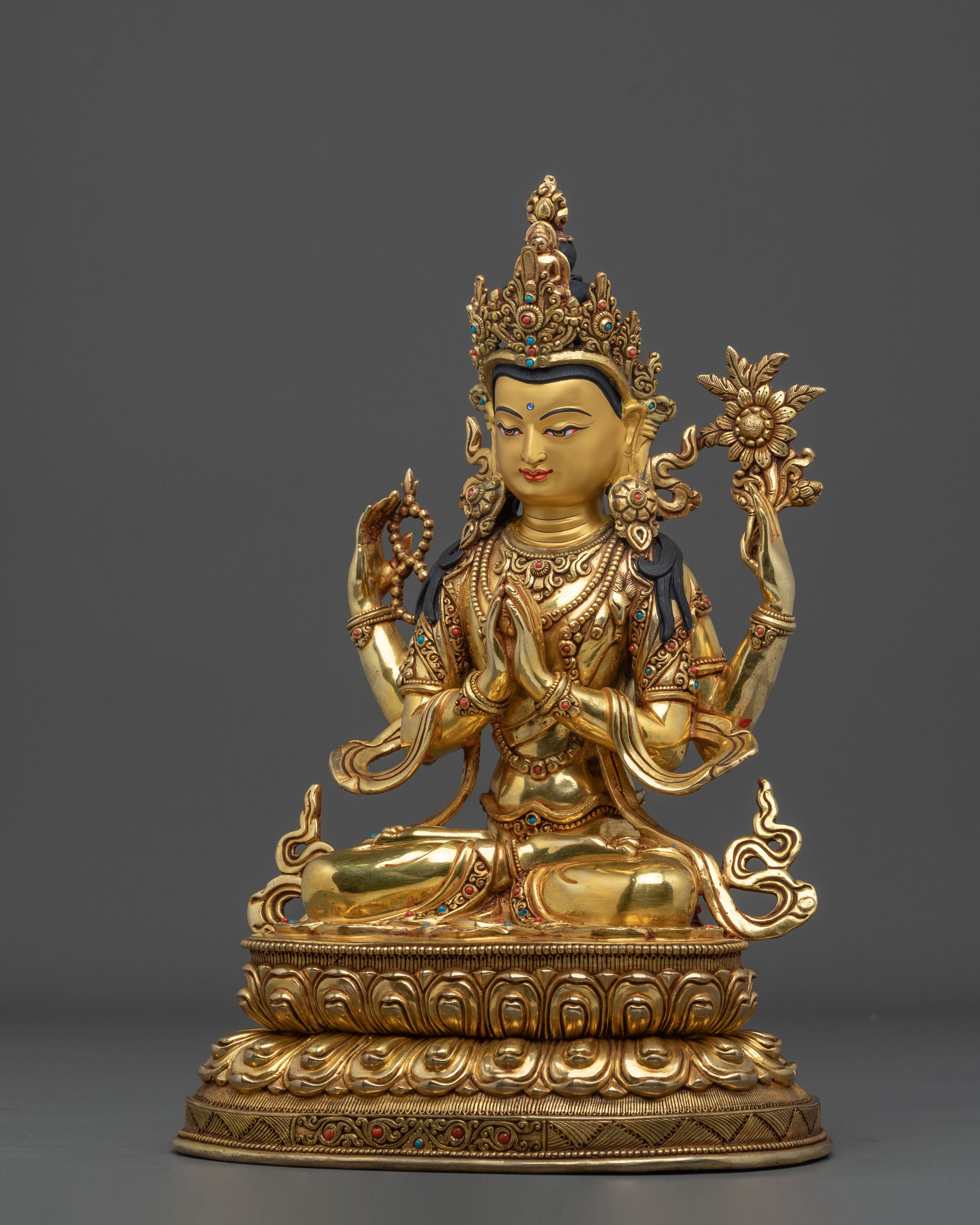 Chenrezig Four Armed Compassion Altar Sculpture | Bodhisattva Symbol of Universal Love