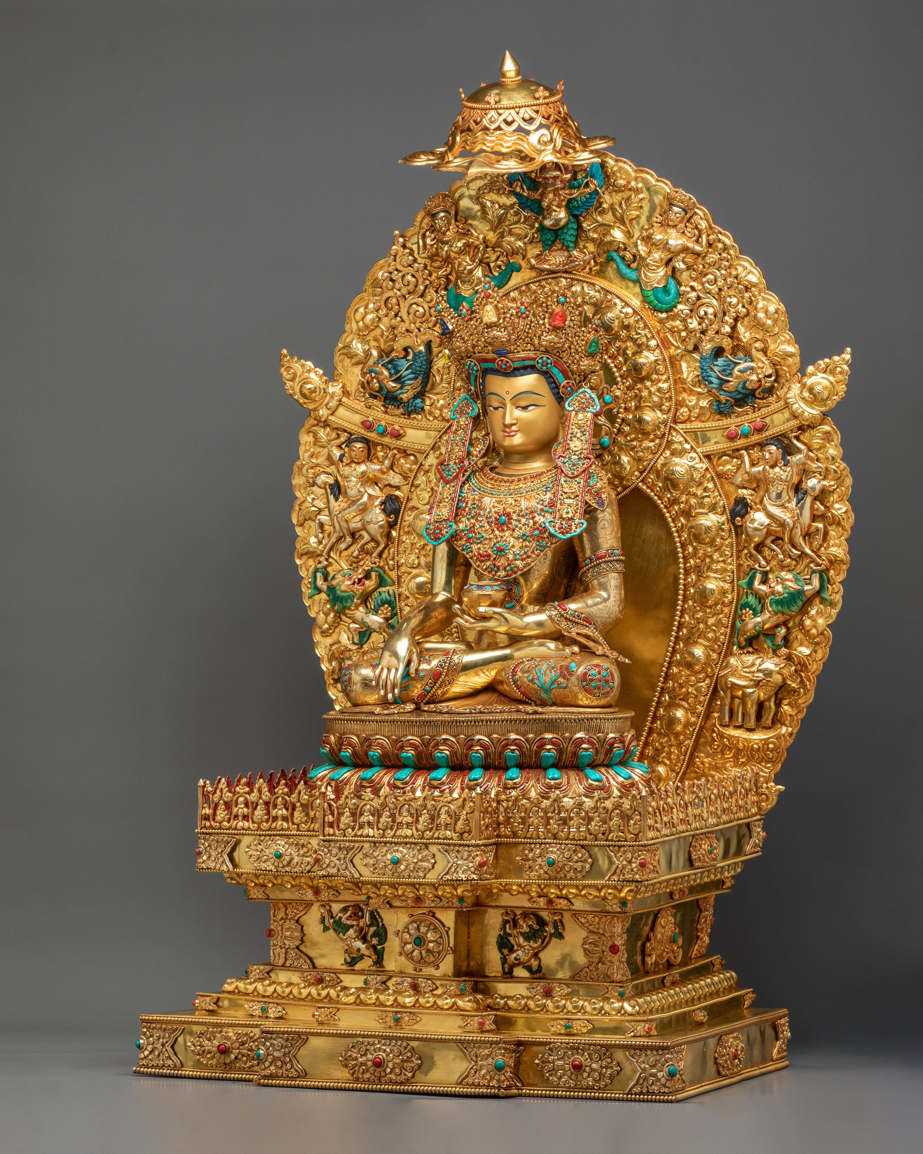 Crown Shakyamuni Buddha on Throne | Exquisite 24K Gilded Figurine