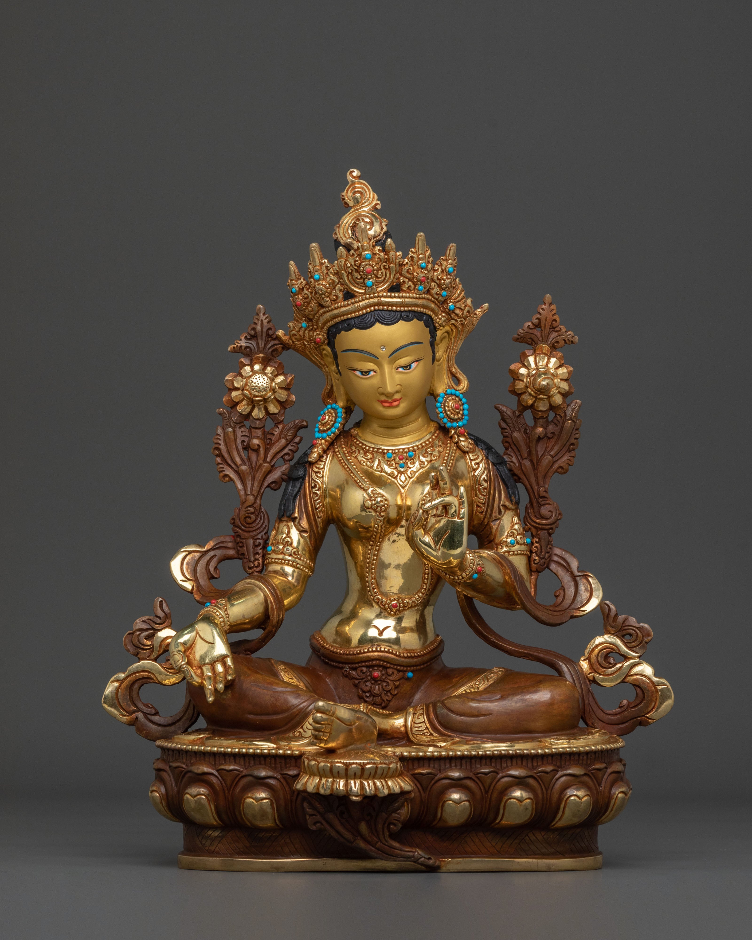 Green Tara Fire Gold Gilded Sculpture | Goddess of Compassion