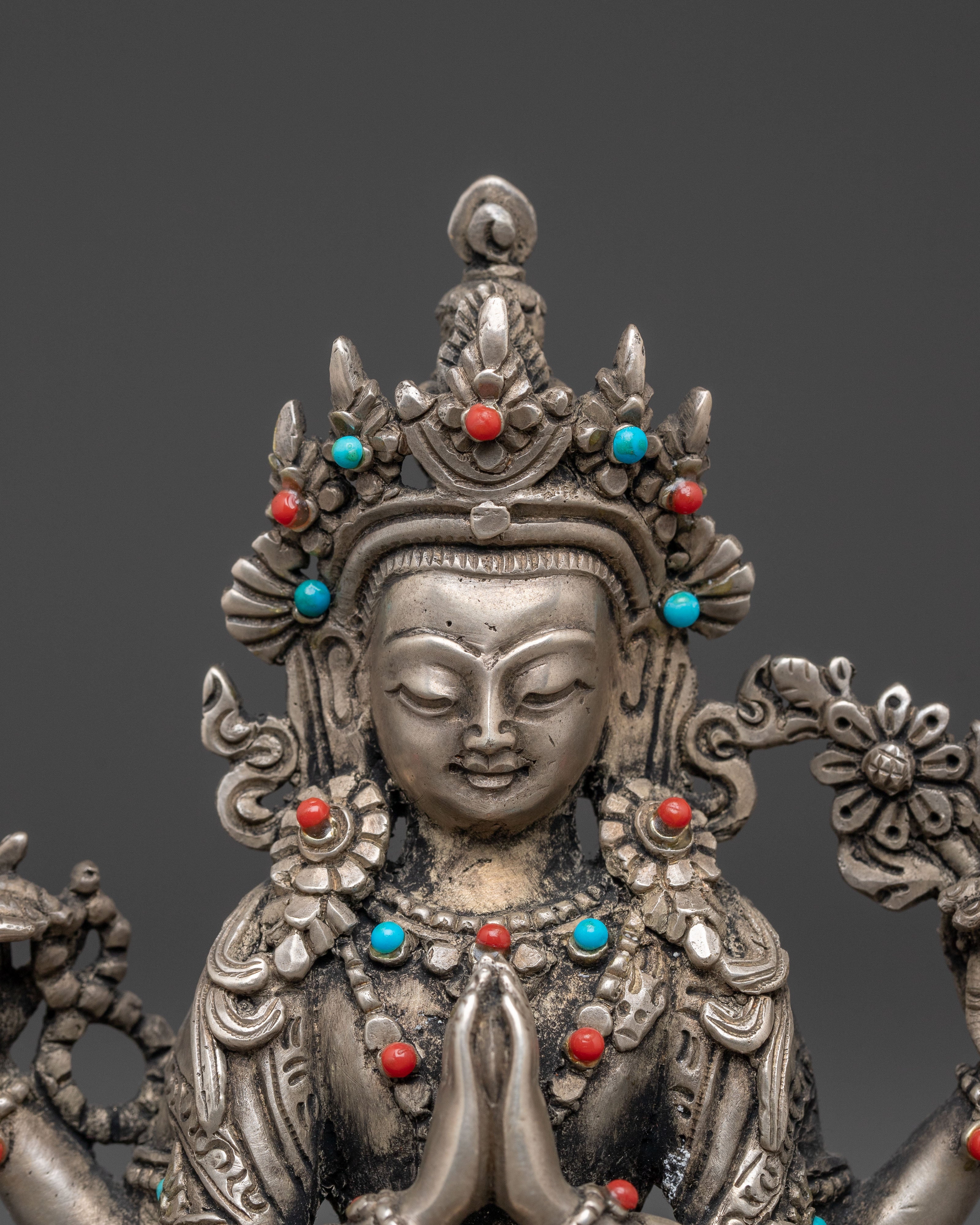 Handmade Silver Statue of Chenresig | Meditation & Altar Decor