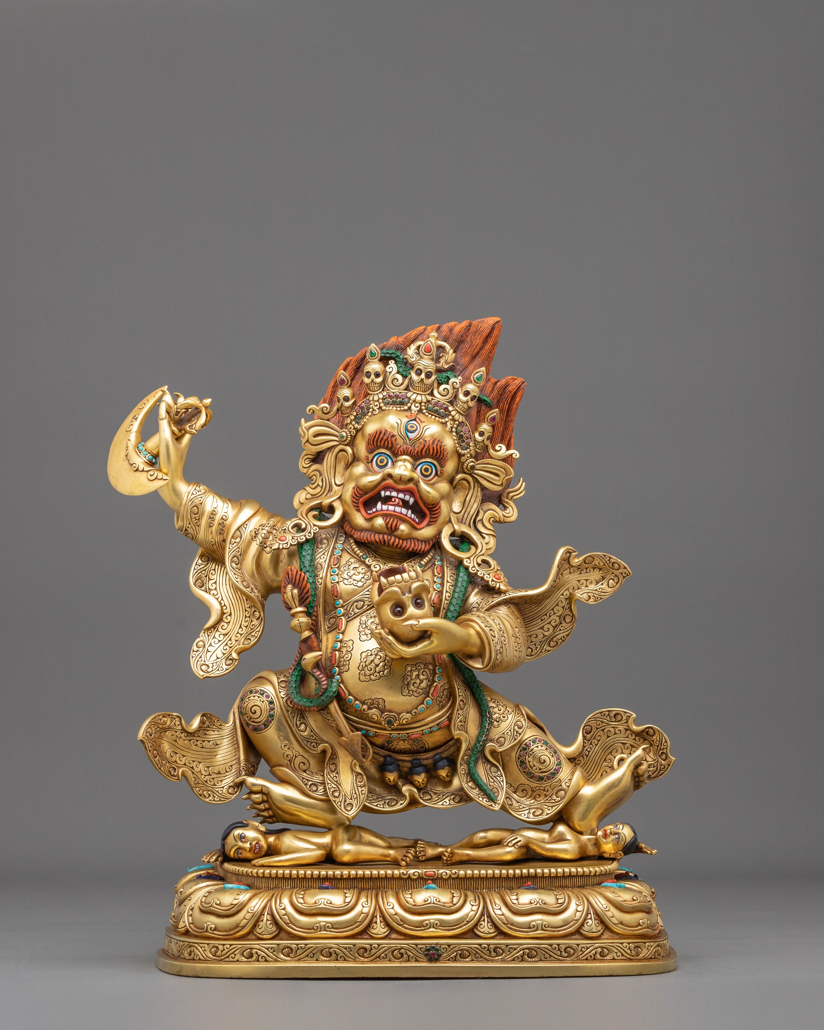 24K Gold Gilded Copper Mahakala Bernakchen Statue | Vajrayana Protector