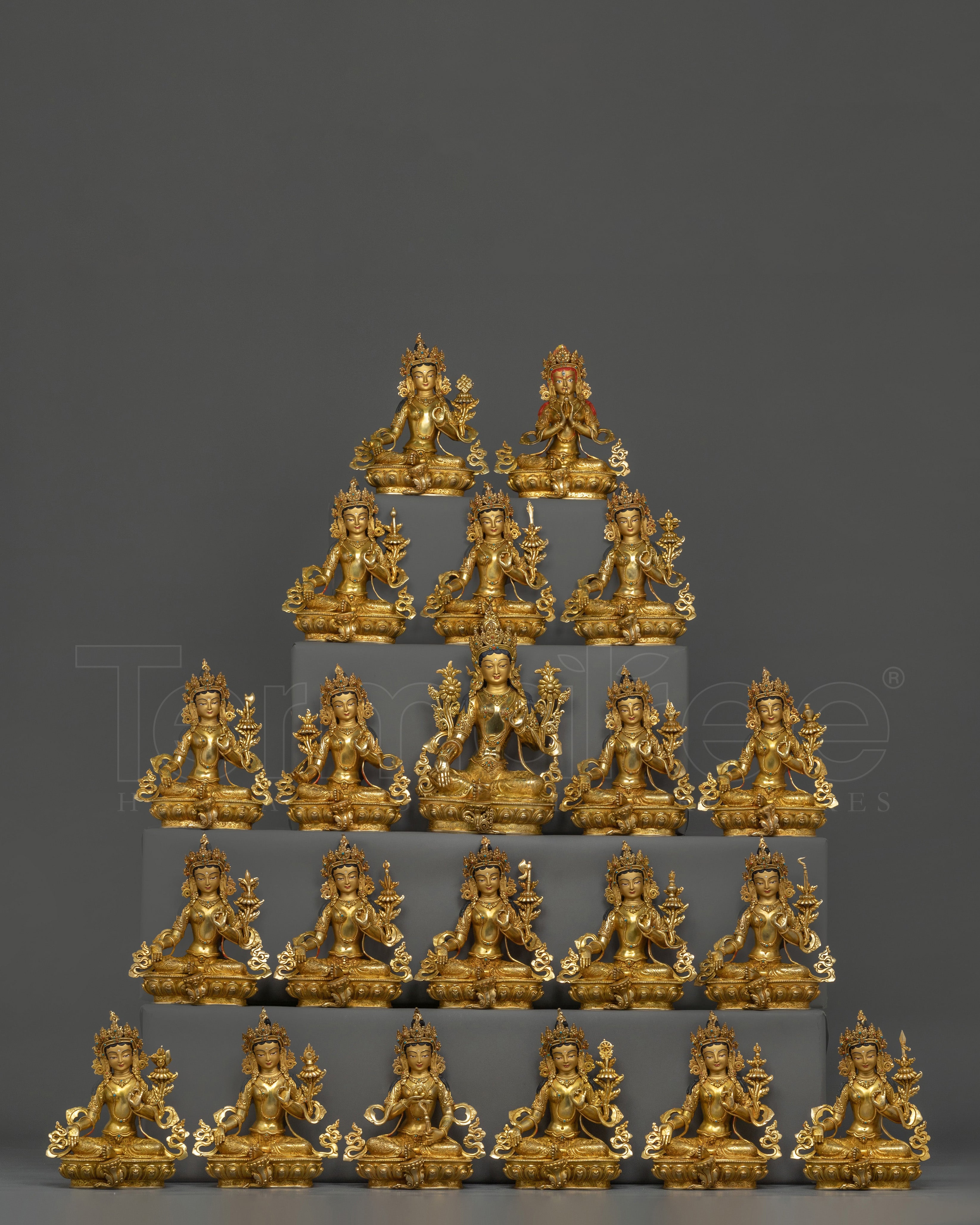 Traditional Tibetan 21 Tara Sculptures | 24K Gold Gilded Sacred Set