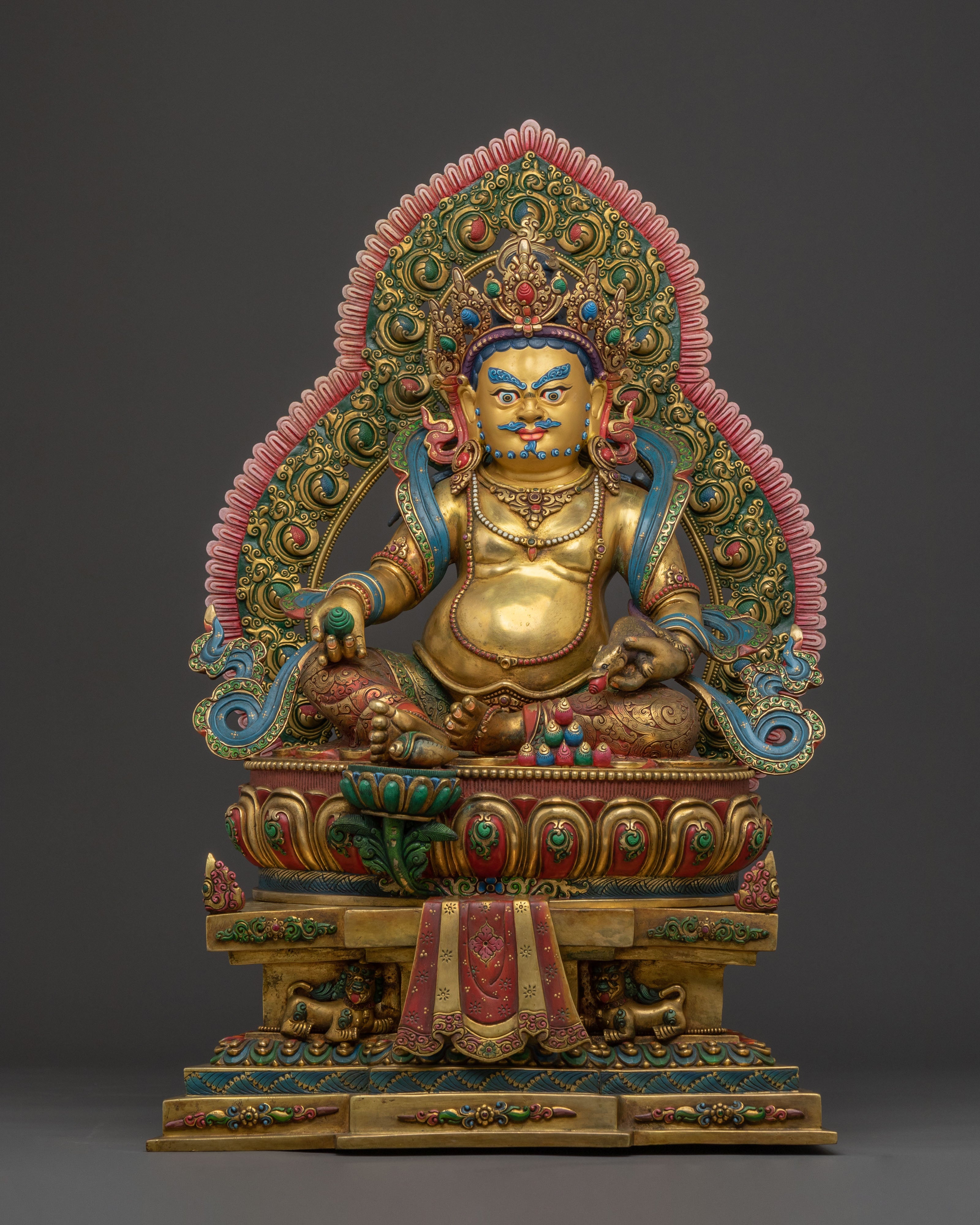 Divine Statue of Dzambhala on Throne: 24K Gold Gilded Masterpiece