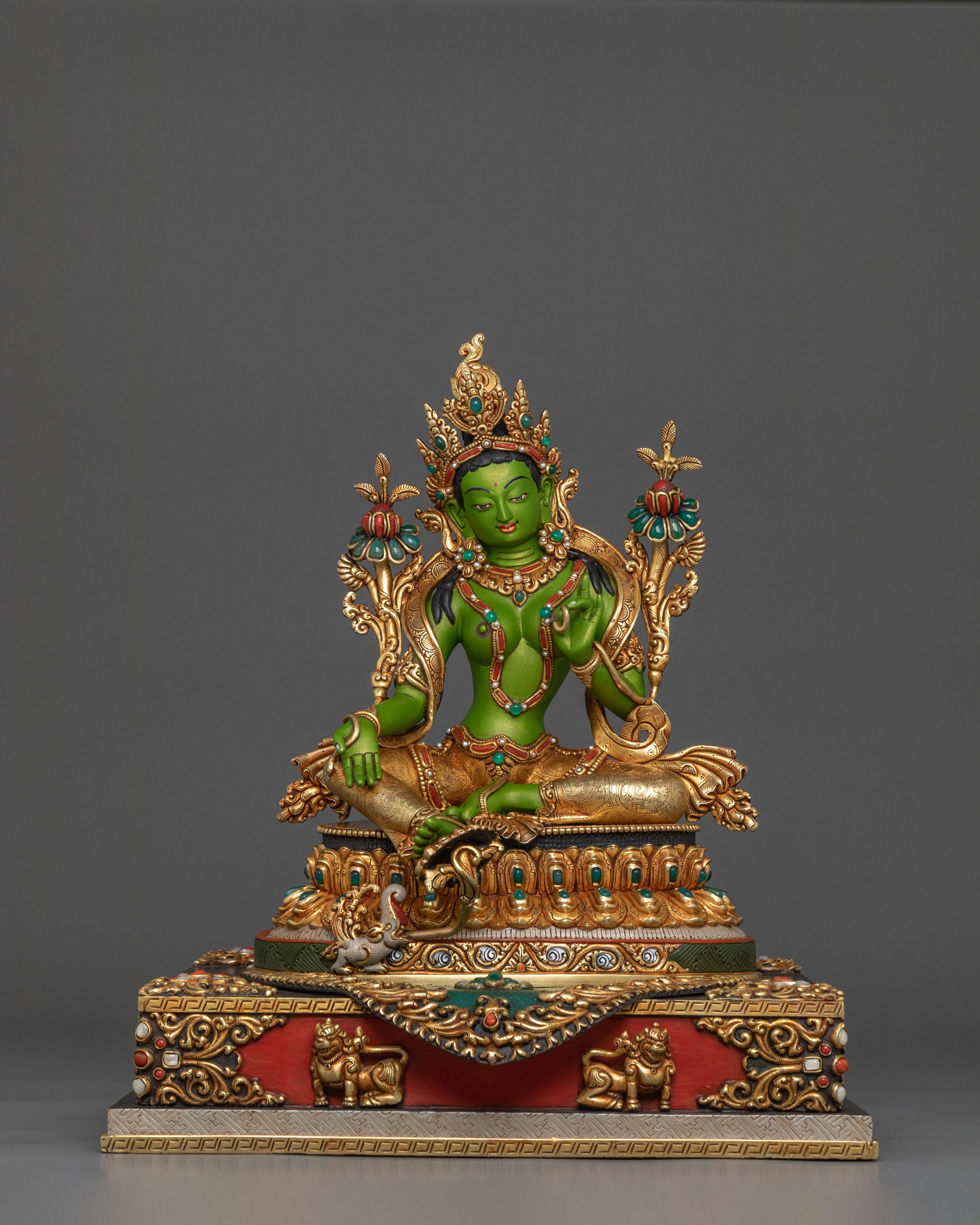 Green Tara Protection Statue with a Throne | Mother Figurine