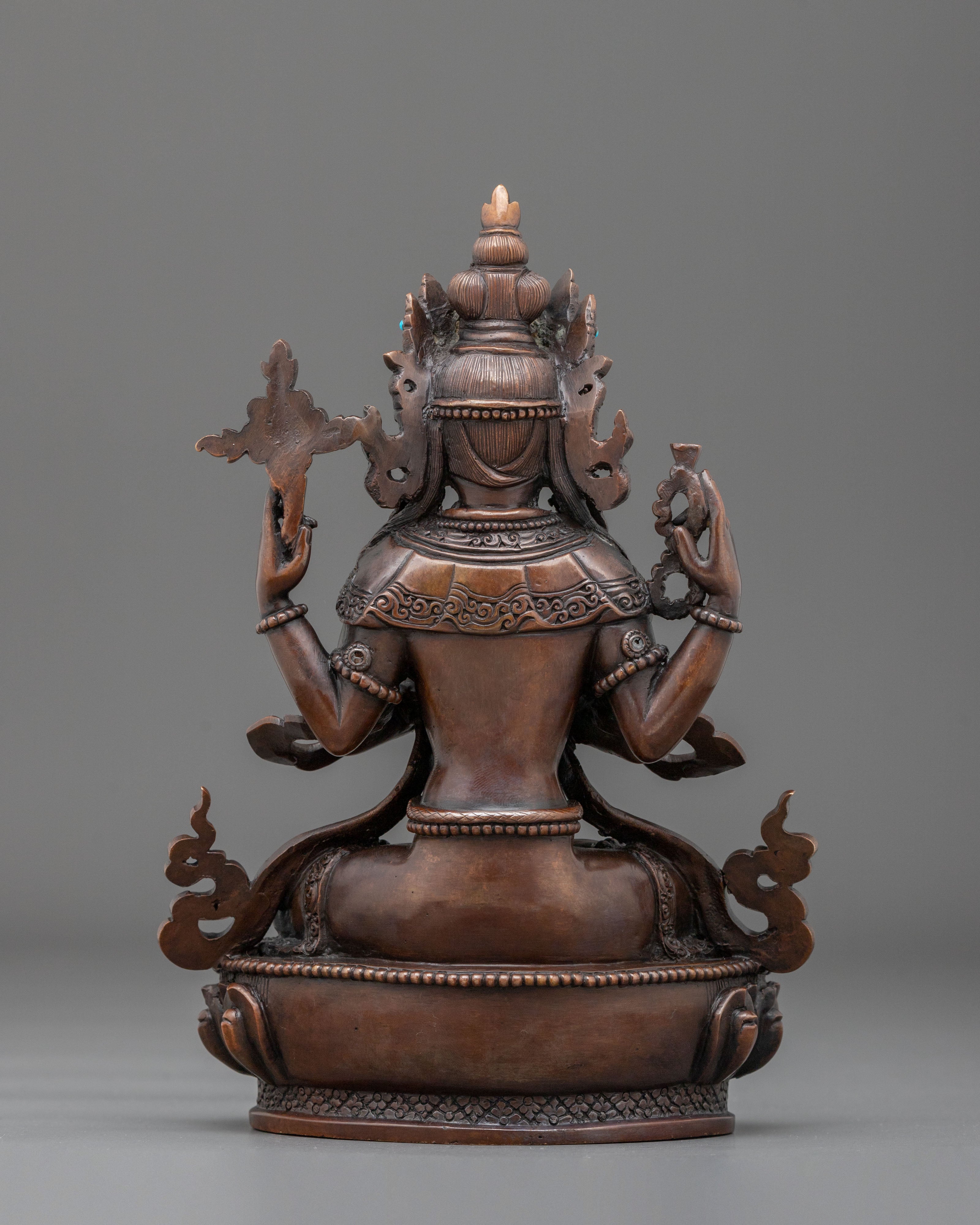 Four-Armed Chenrezig Oxidized Statue | Compassionate Figurine