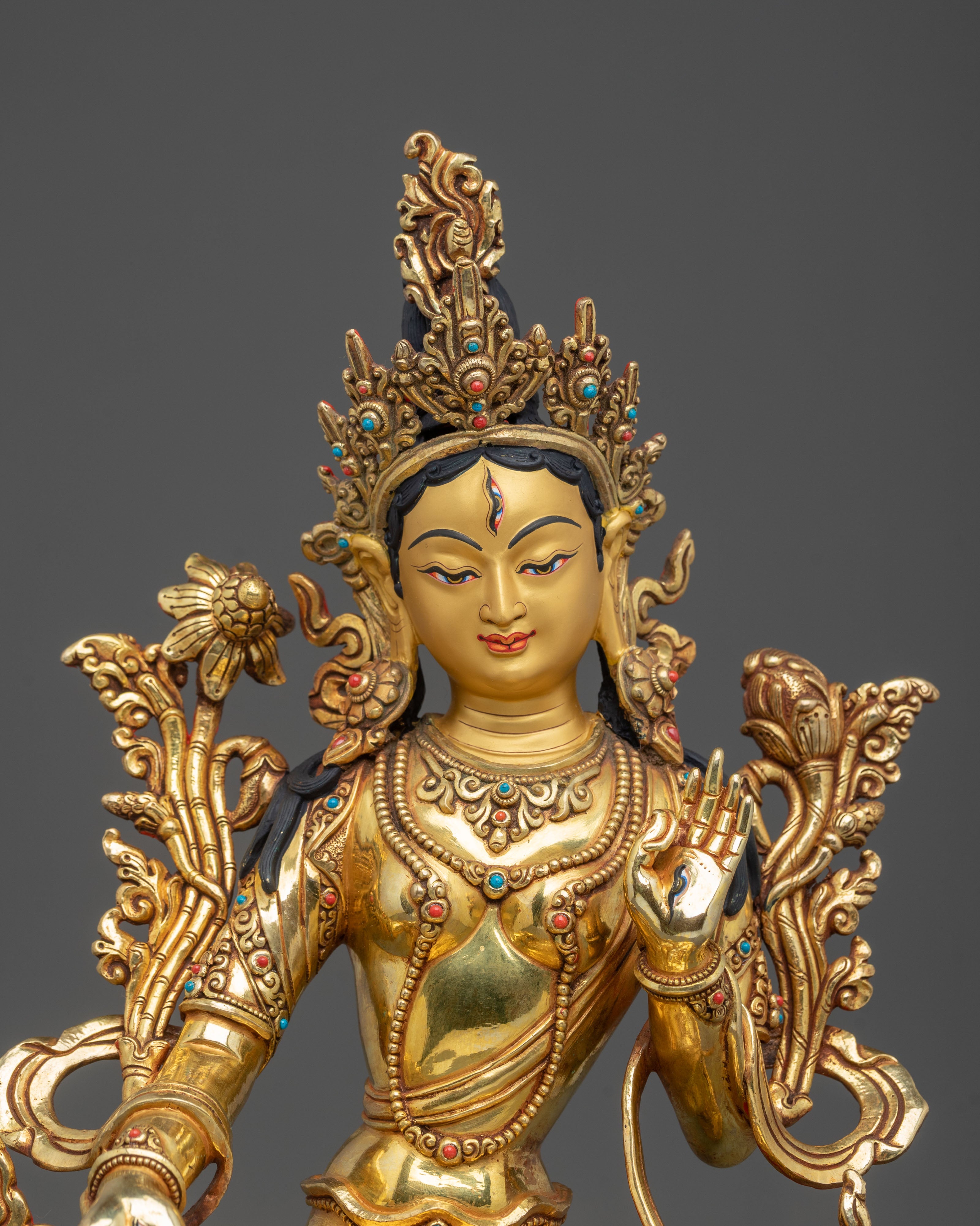 White Tara Longevity Meditation Shrine Sculpture: 24K Gold Gilded