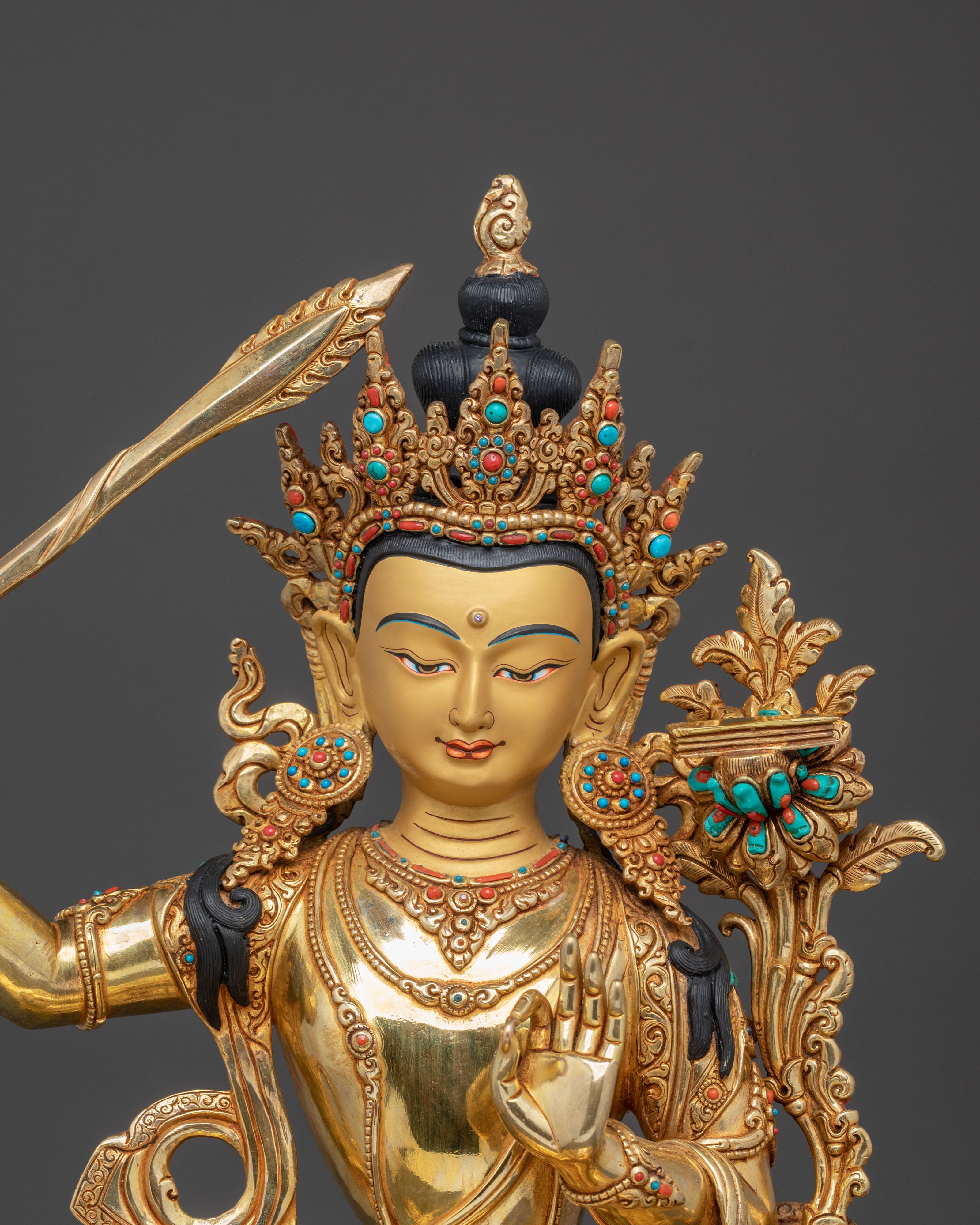 Handcrafted Wisdom Bodhisattva Manjushri Statue - 24K Gold Gilded Masterpiece