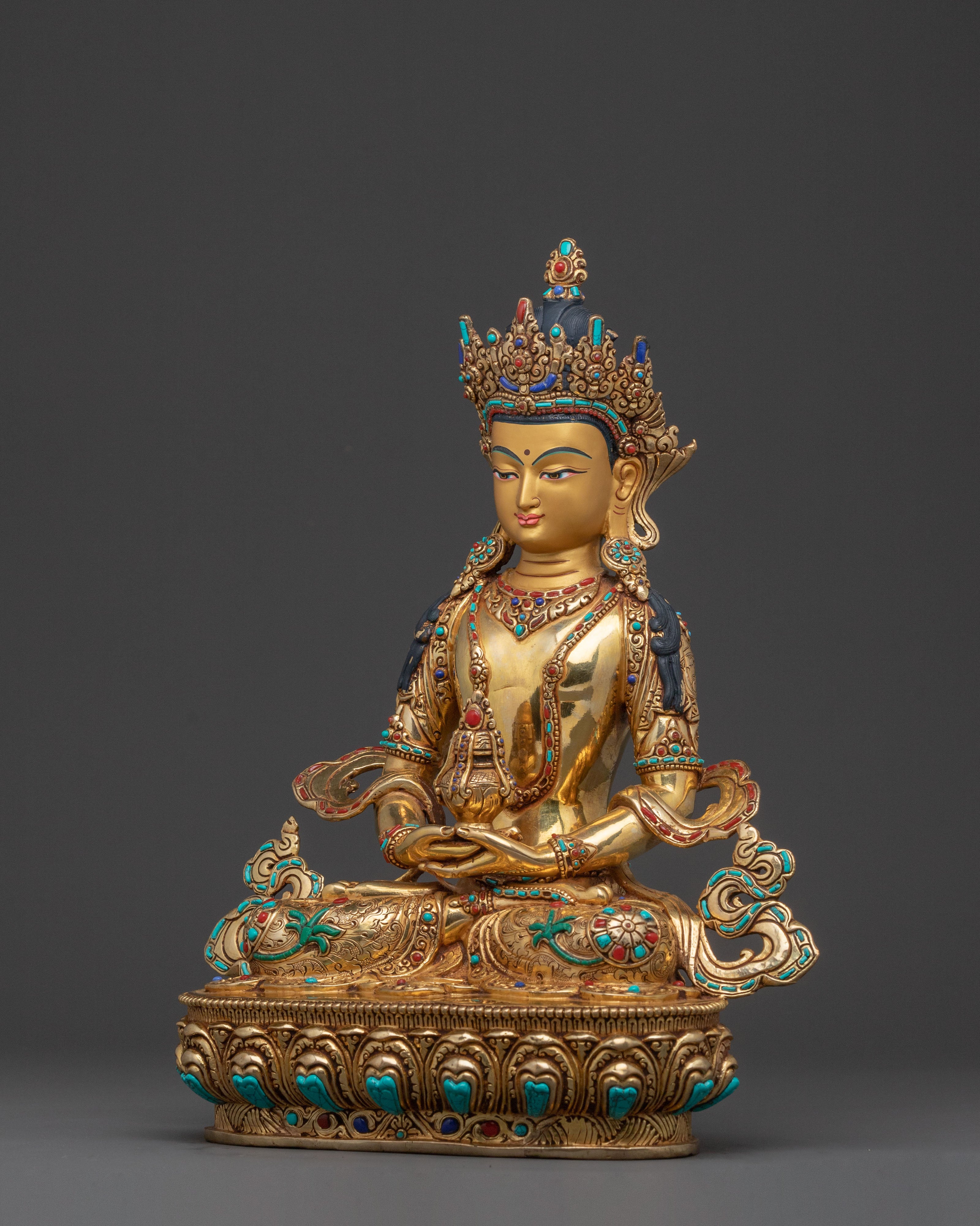 Amitayus Buddha Longevity Statue – Gold Gilded & Gemstone Inlaid