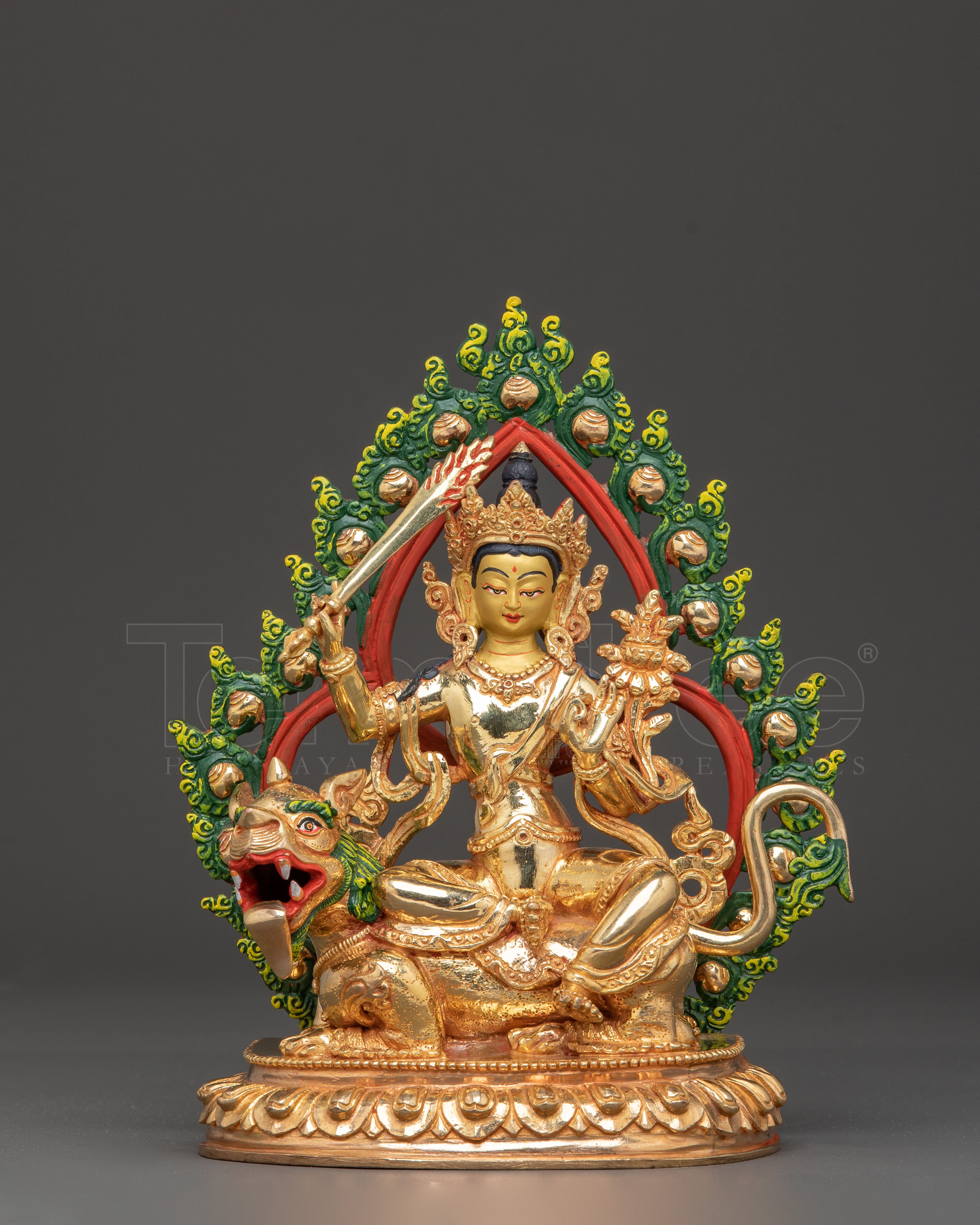 Handmade Simhanada Manjushri Golden Statue - Radiant Wisdom Art
