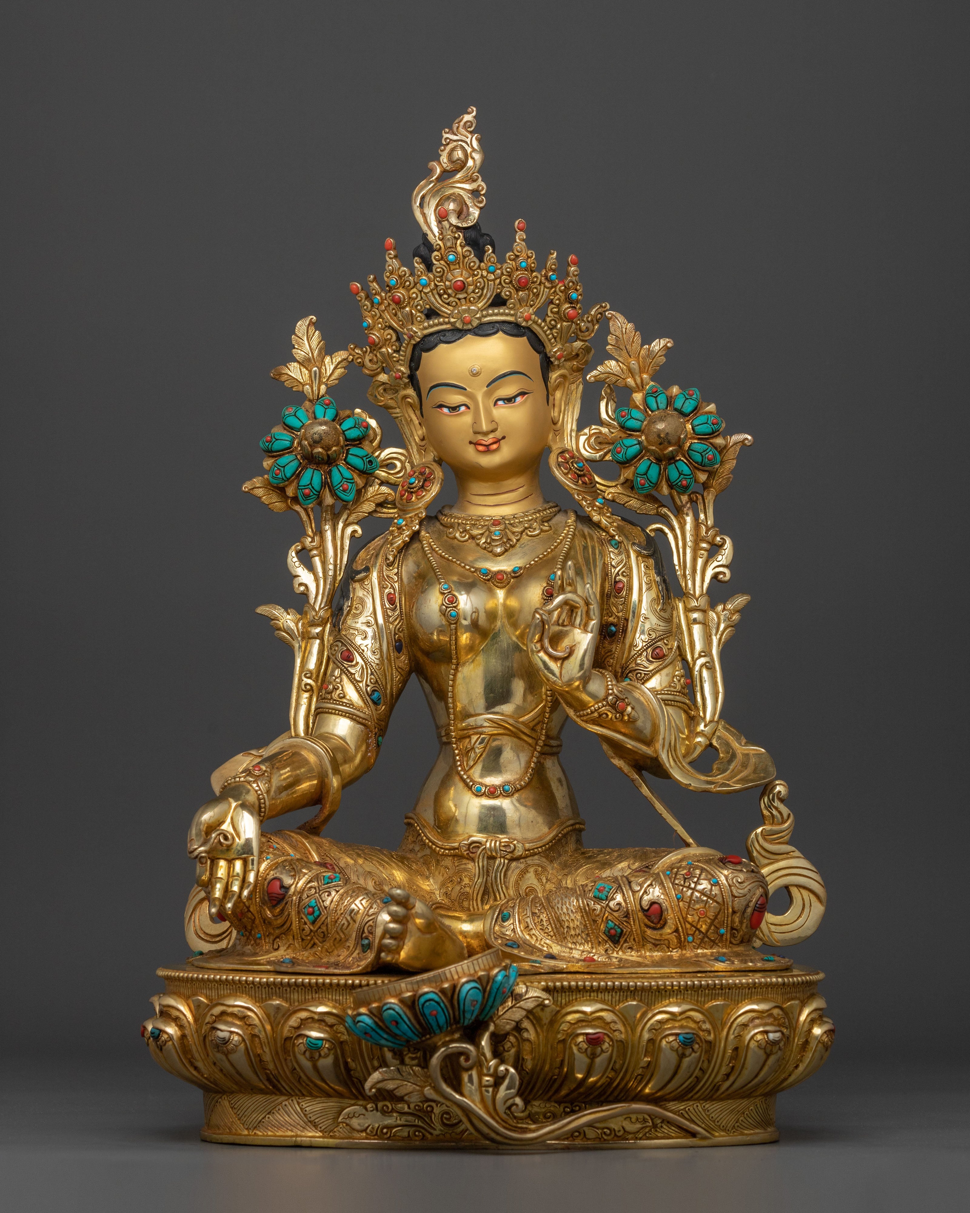 Green Tara Hand Carved Sacred Statue with 24K Gold Glided
