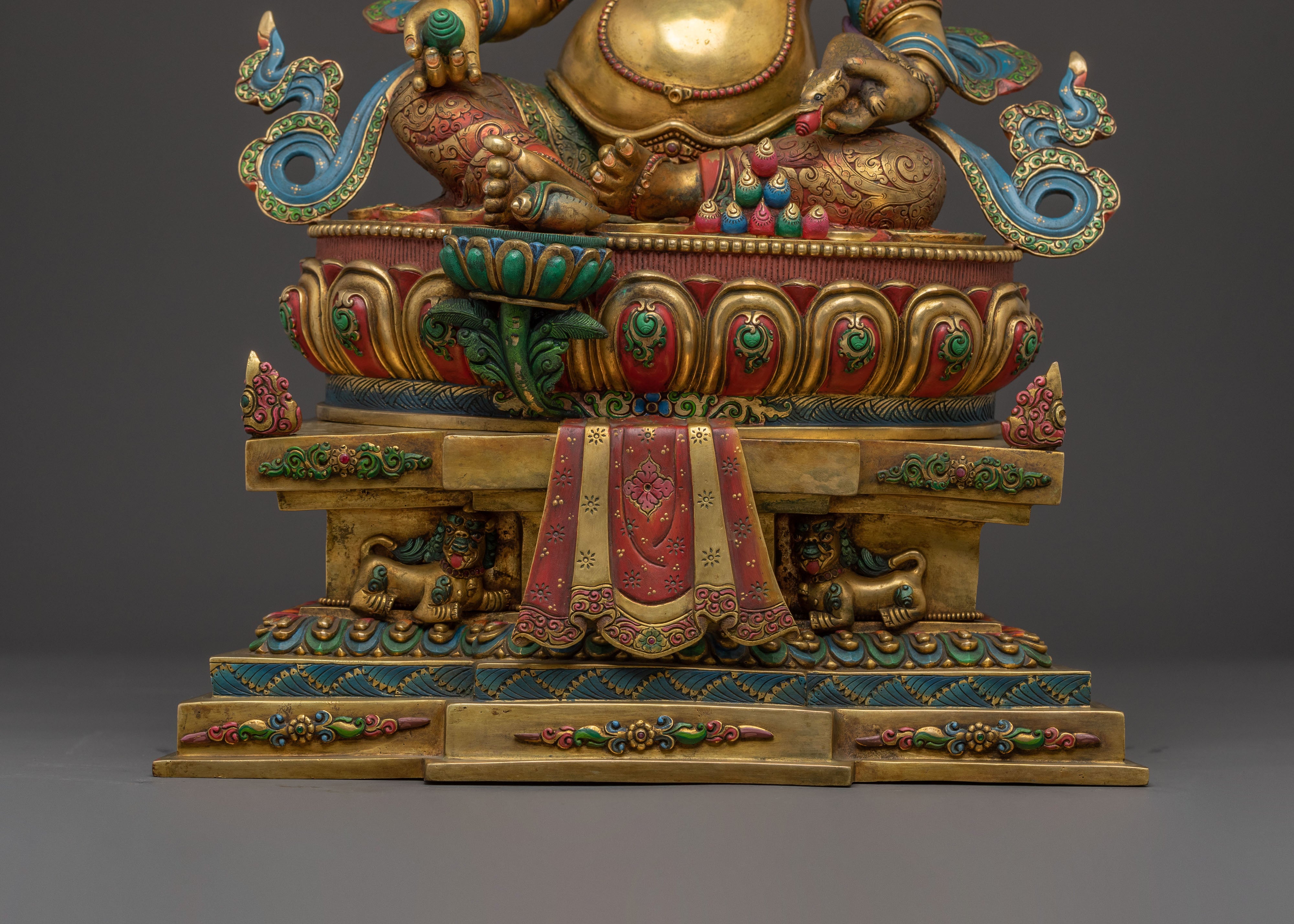 Divine Statue of Dzambhala on Throne: 24K Gold Gilded Masterpiece