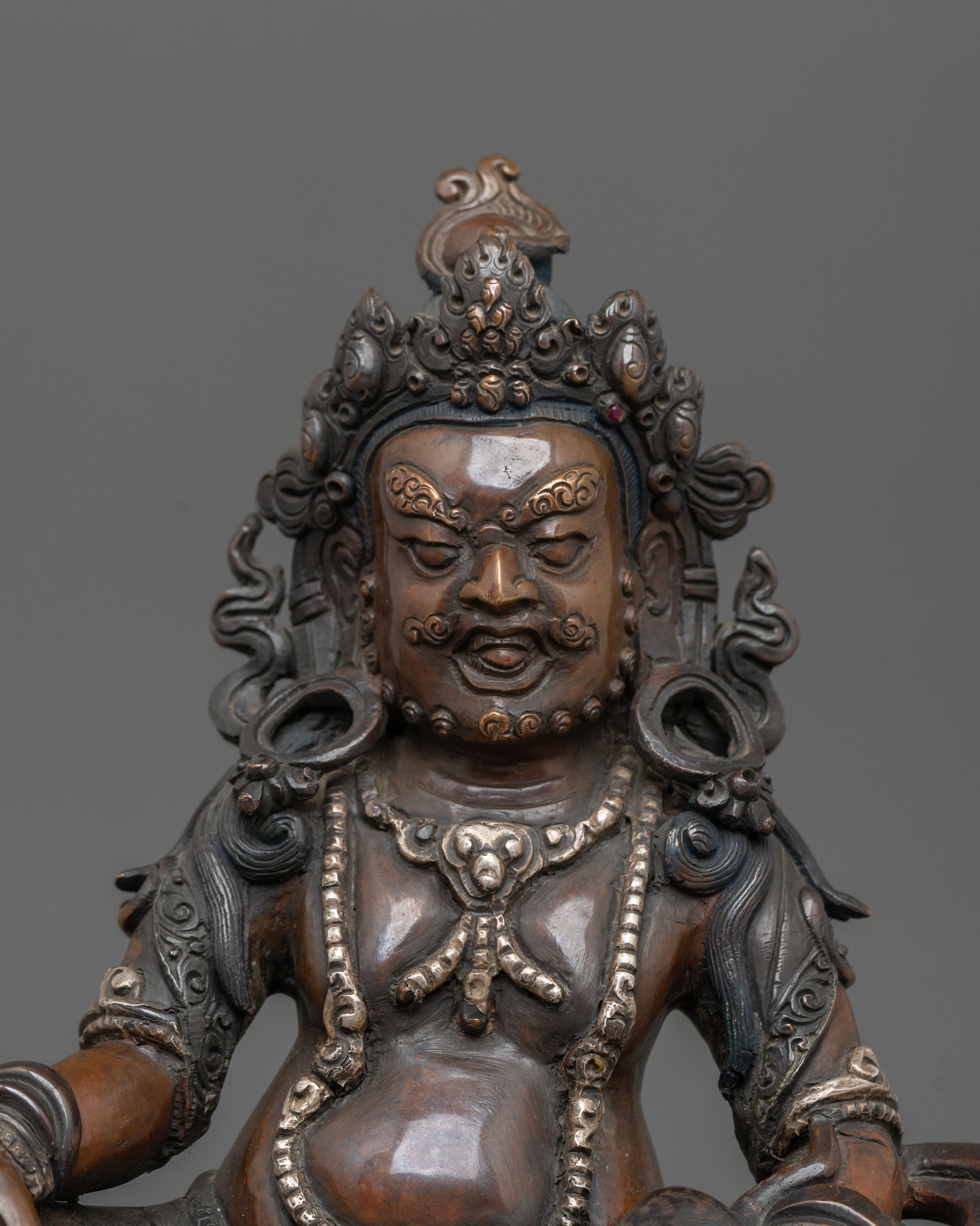 Dzambhala Statue in Oxidized Copper with Silver Plating