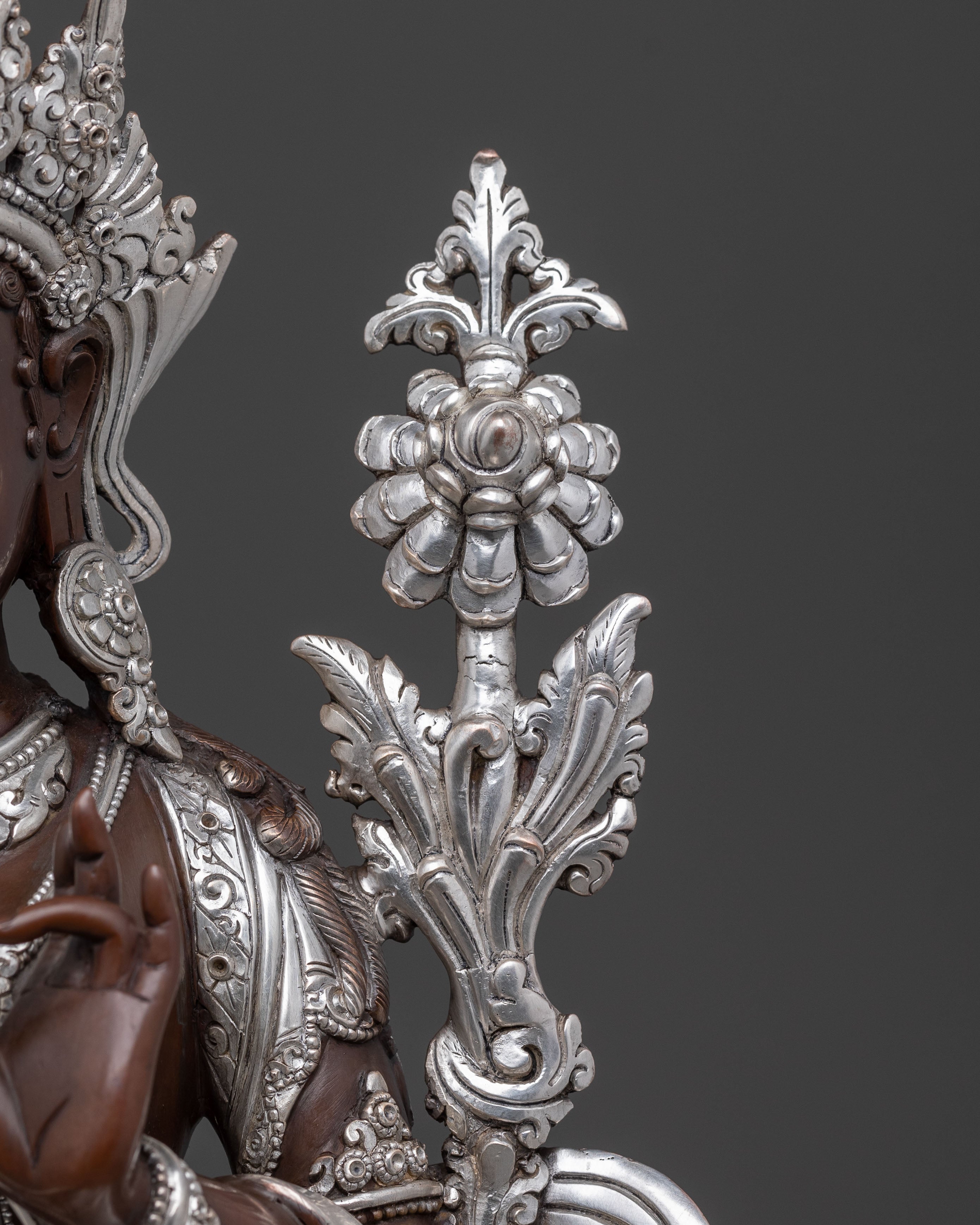 Green Tara: Oxidized Copper Statue with Silver Plated