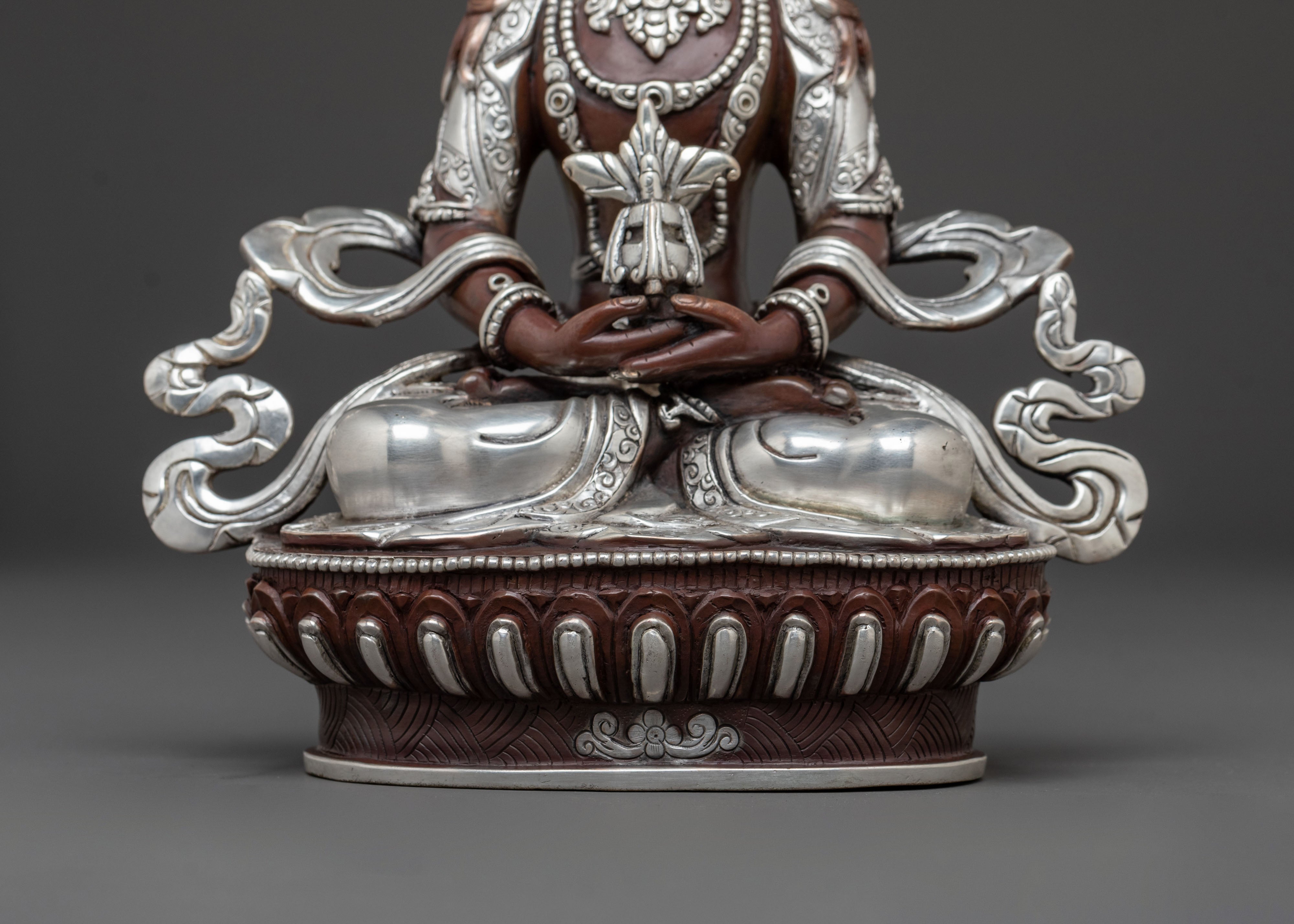 Amitayus Buddhist Statue | Oxidized Copper Statue with Silver Plated