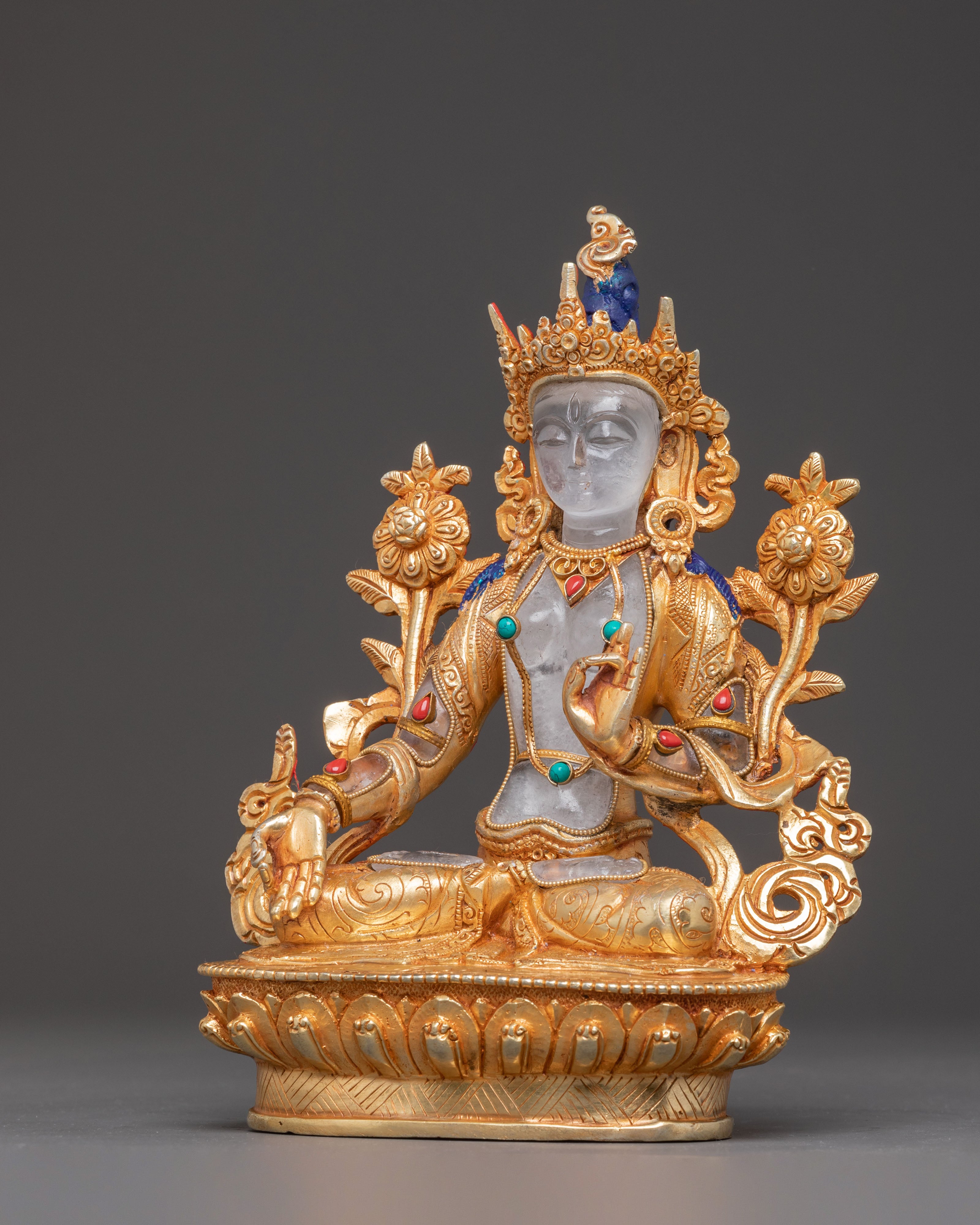 A Radiant Buddhist Shyama Tara Golden Statue with Crystal Body
