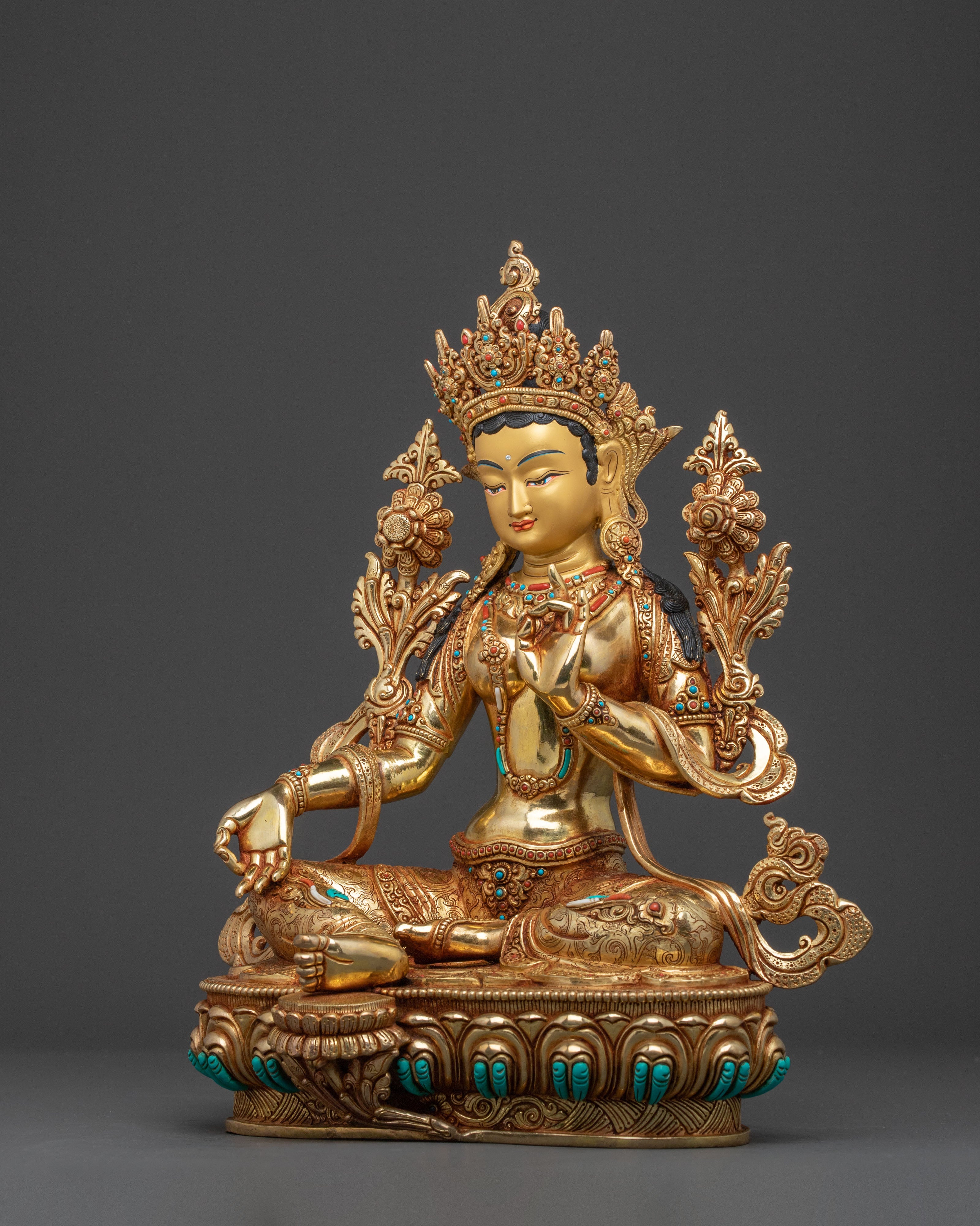 Handcrafted Green Tara Spiritual Statue | Exquisite 24K Gold Gilded
