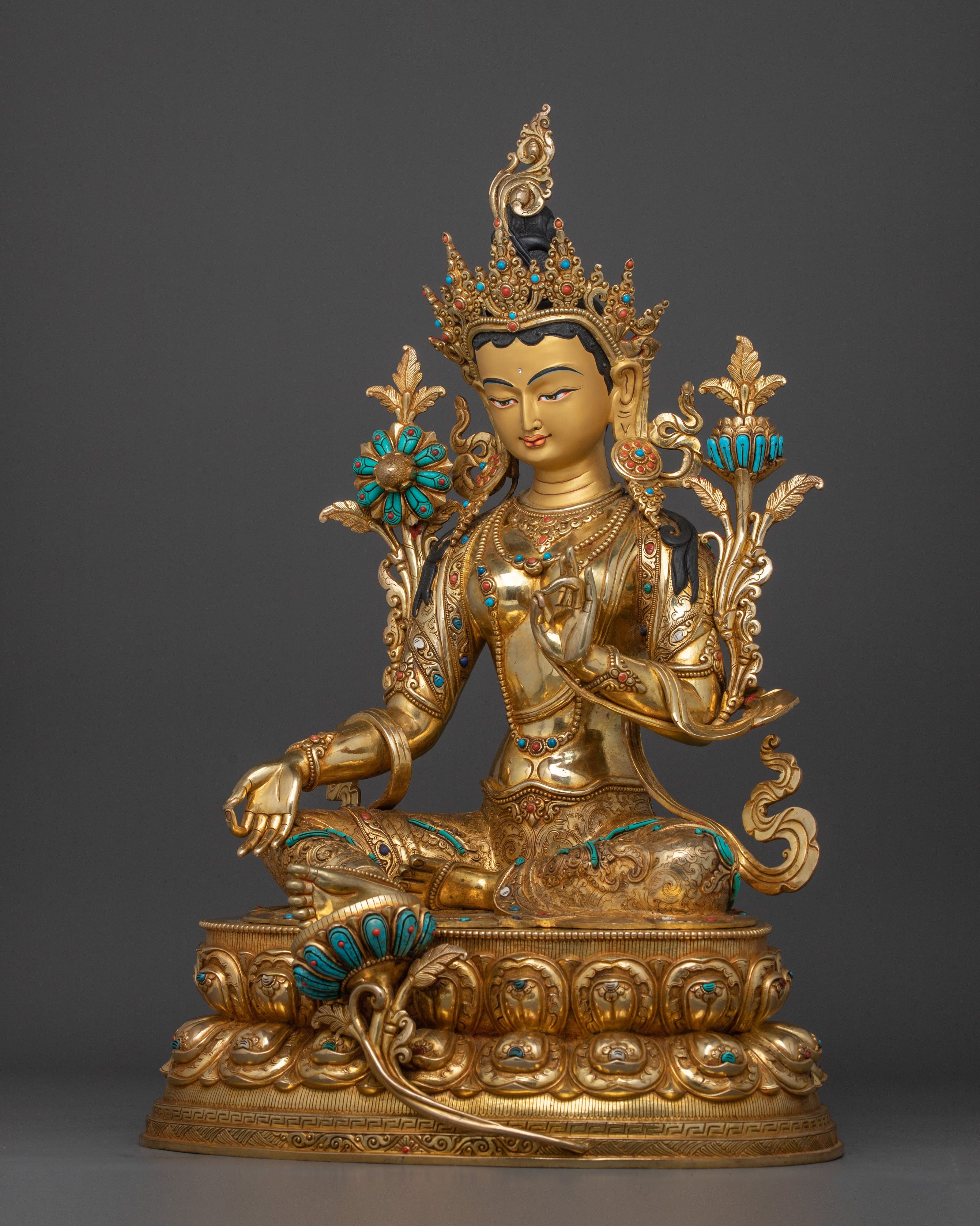 Goddess Green Tara Fire Gold Gilded Statue: Symbol of Compassion