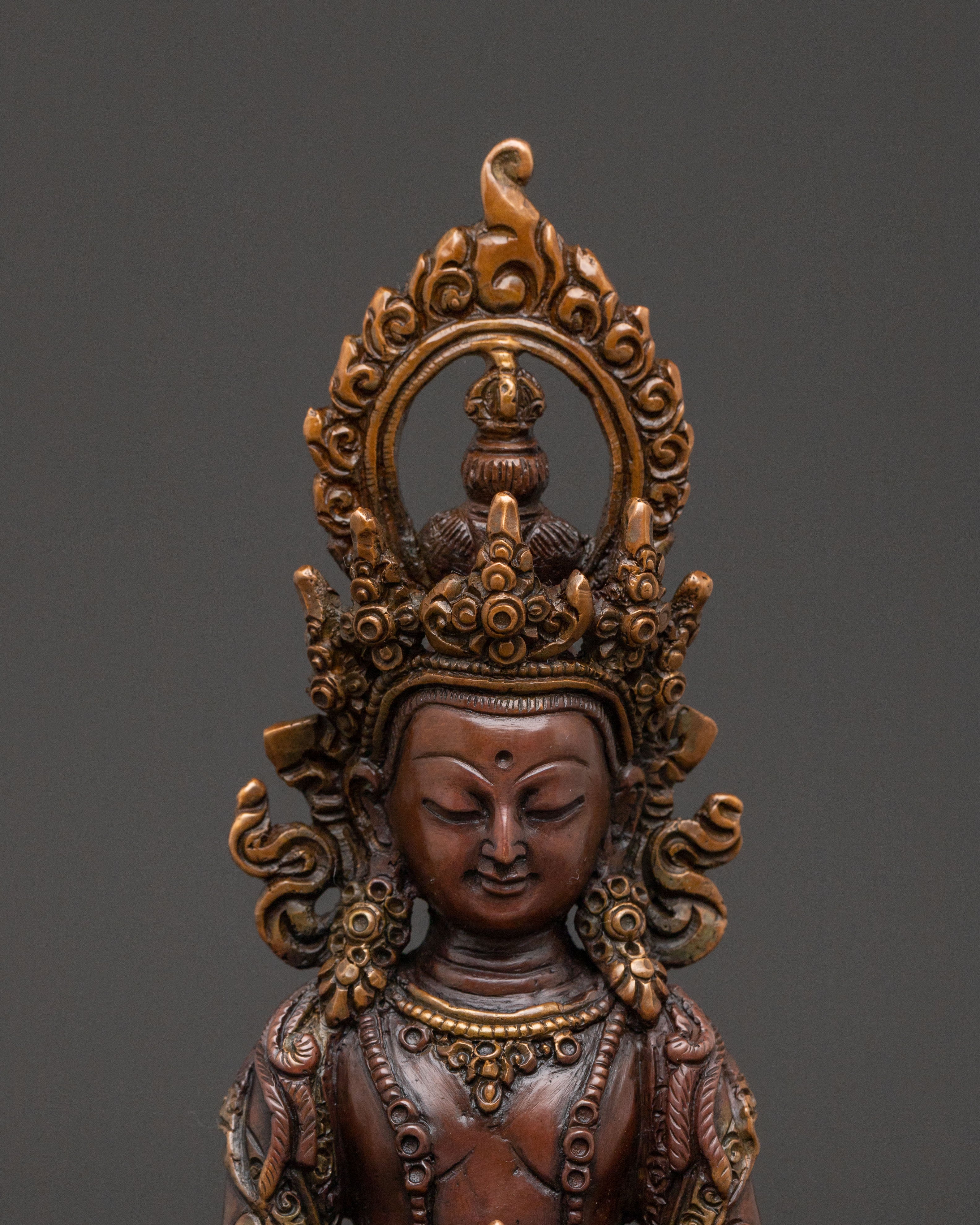 Amitayus Peaceful Longevity Statue - Oxidized Copper