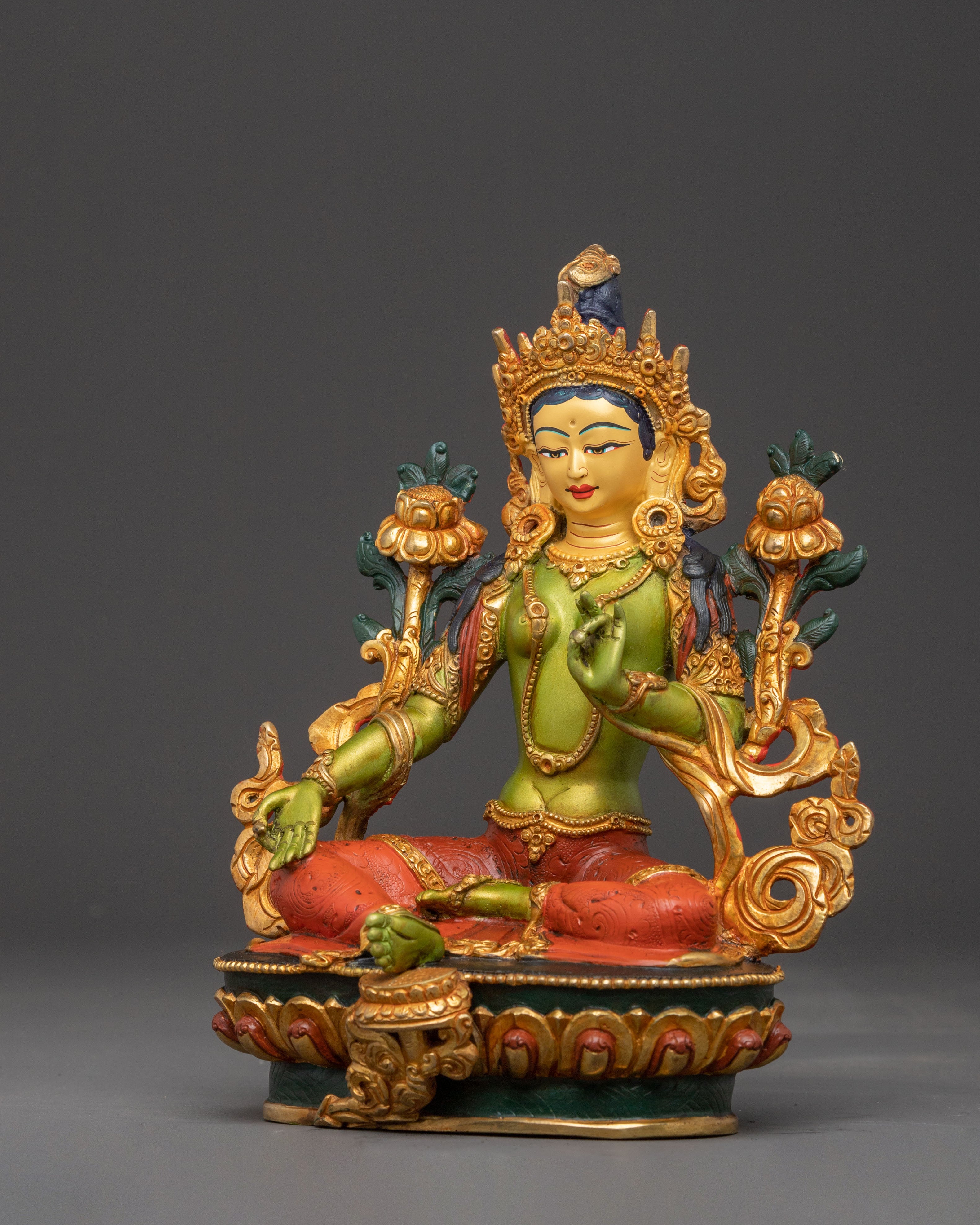 2k Gold Gilded Green Tara Statue - Sacred Buddhist Art
