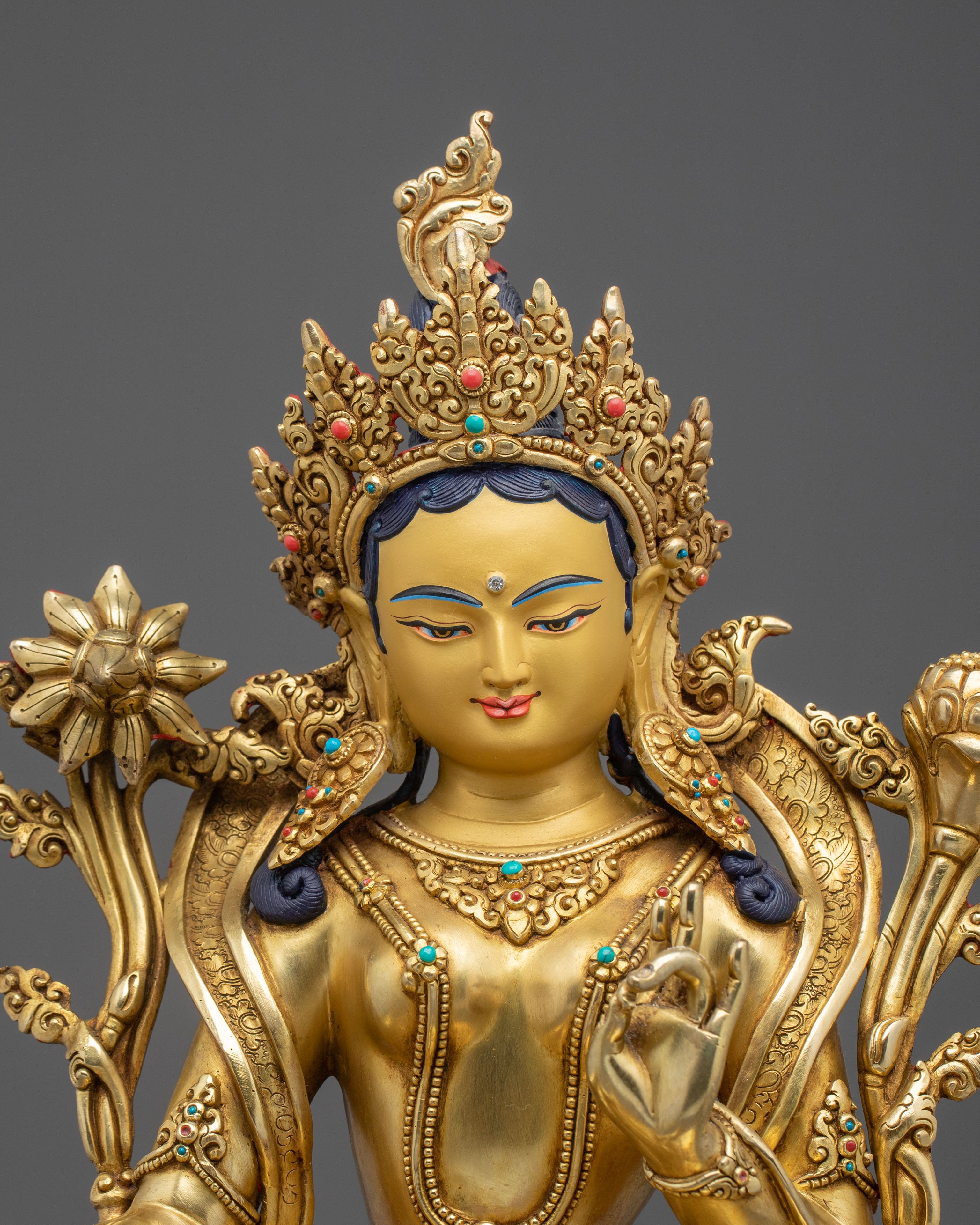 16-Inch Sacred Green Tara 24K Gold Gilded Copper Gemstone Statue