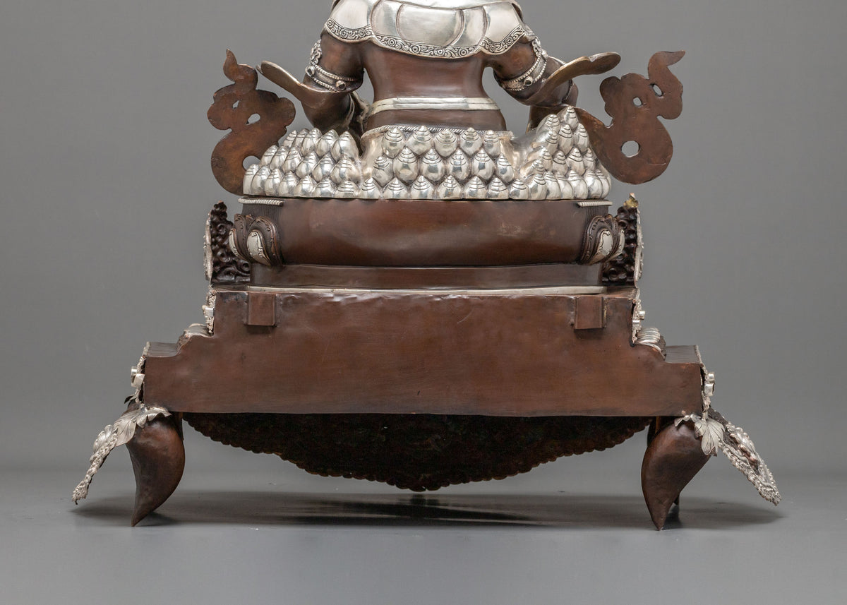 Dzambhala Statue on Throne | Oxidized Copper Figurine with Silver Plating