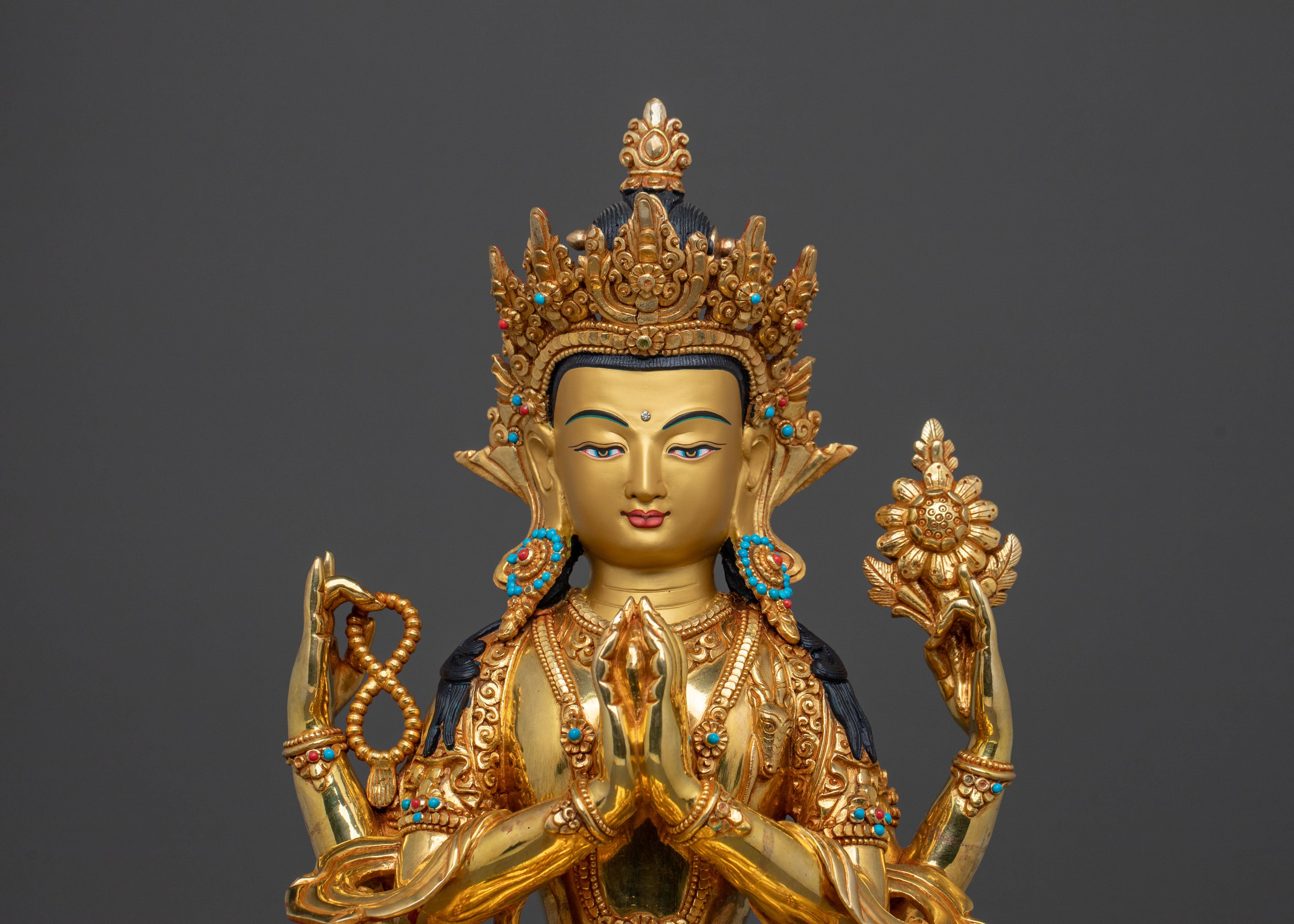 Handcrafted Four Armed Chenrezig Sculpture | Buddhist Protector Deity