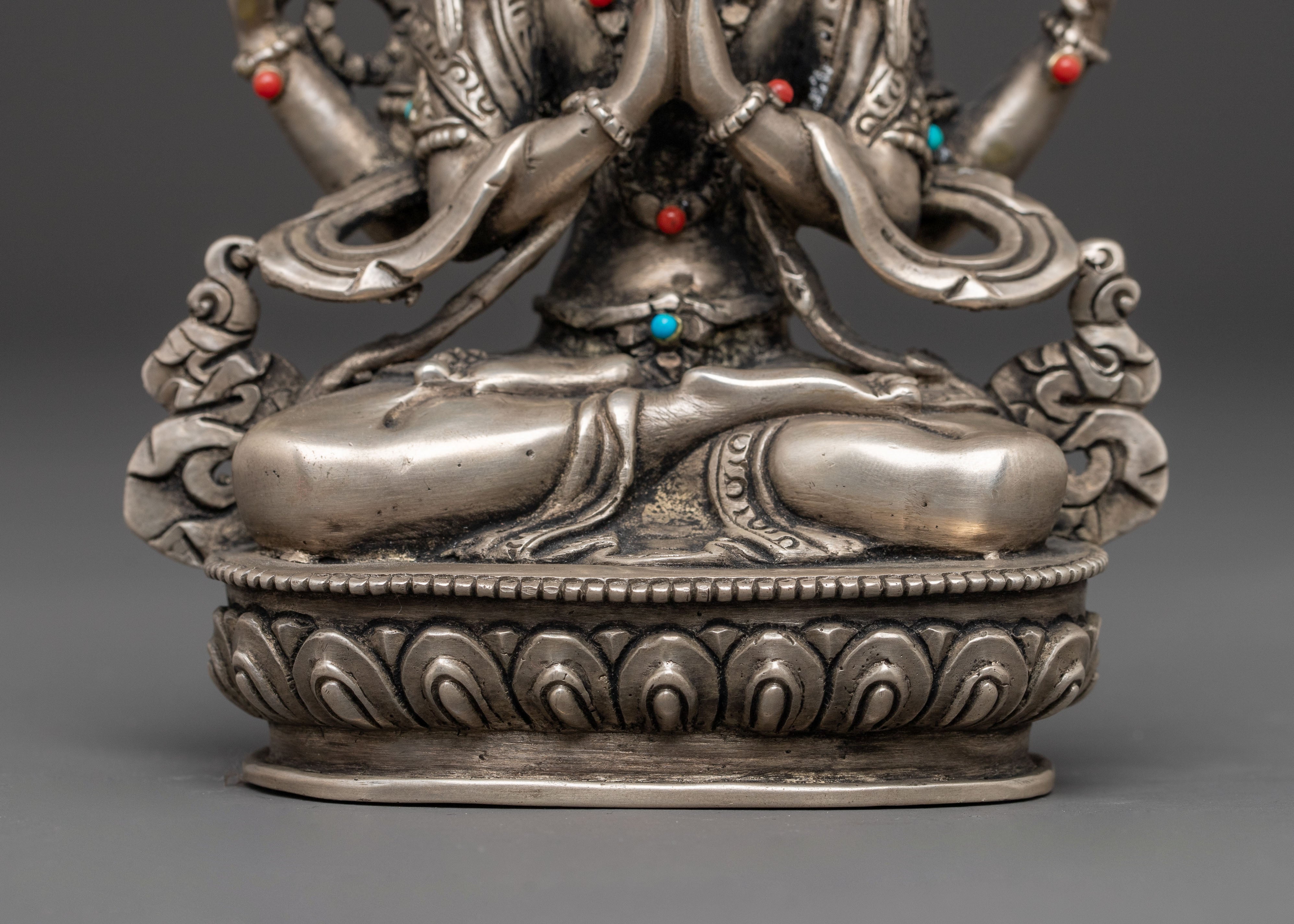 Handmade Silver Statue of Chenresig | Meditation & Altar Decor