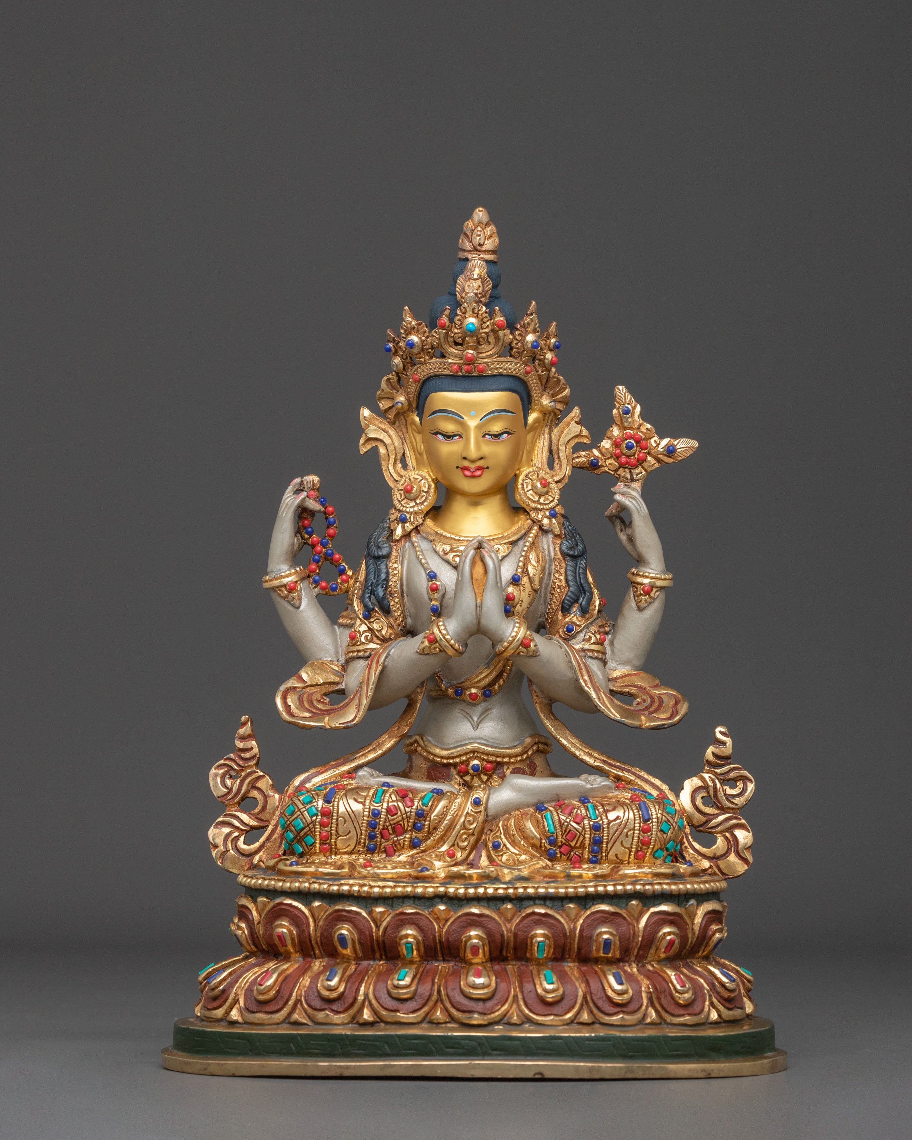 Hand Carved Four Armed Chenrezig Sculpture: Embodiment of Compassion