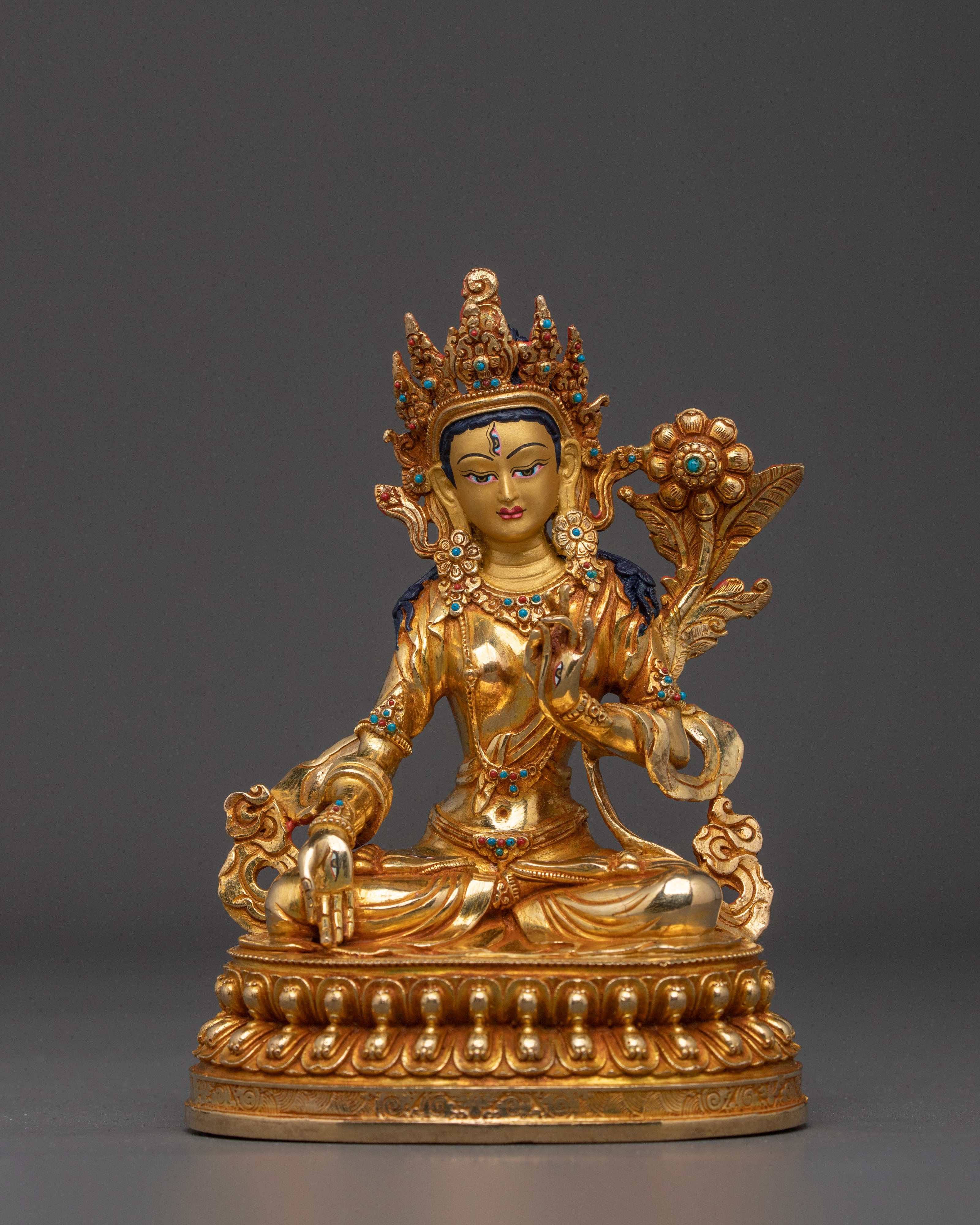 White Tara Sacred Longevity Icon: 24K Gold Gilded Copper Statue