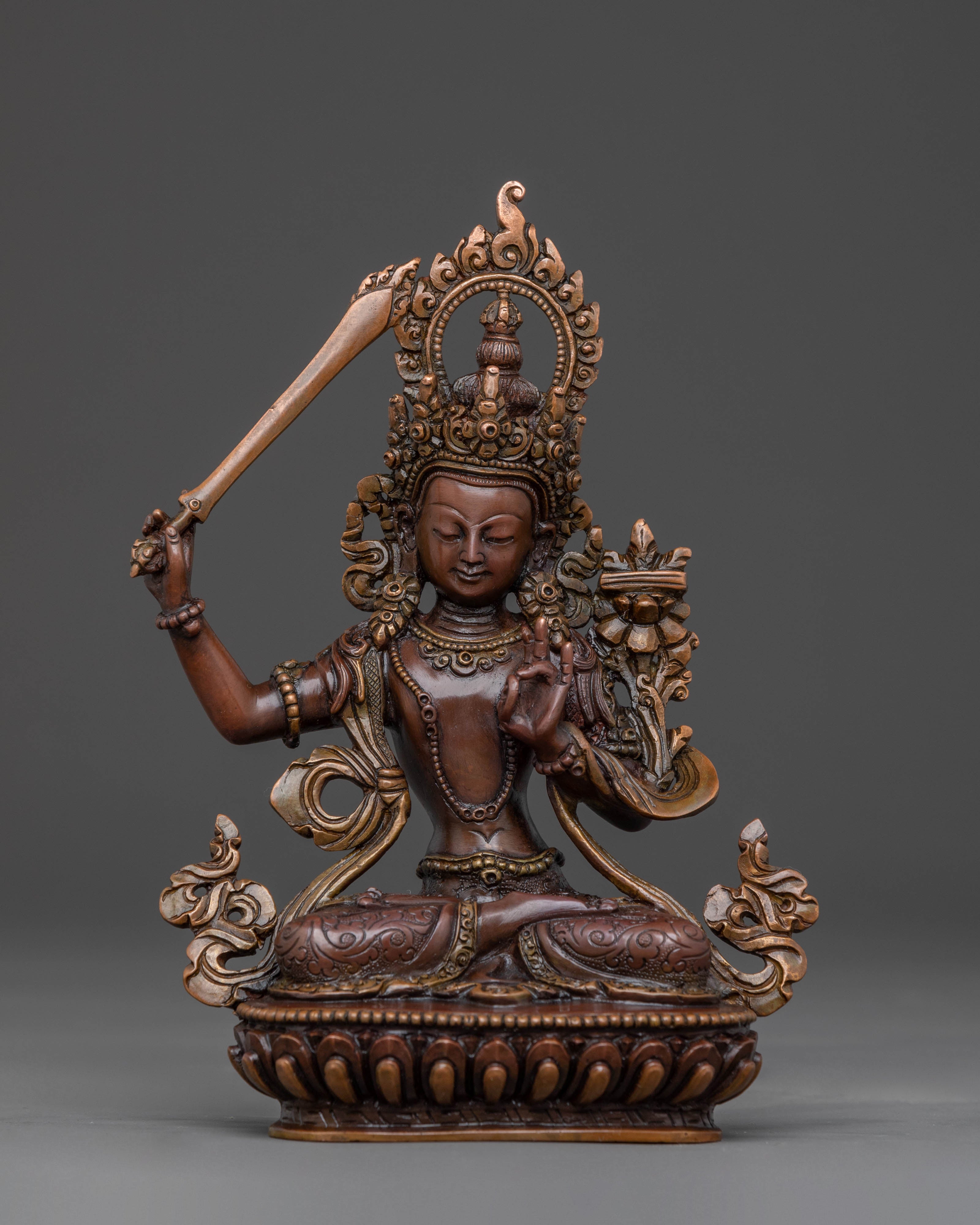Manjushri Bodhisattva Sacred Statue - Oxidized Copper Finish