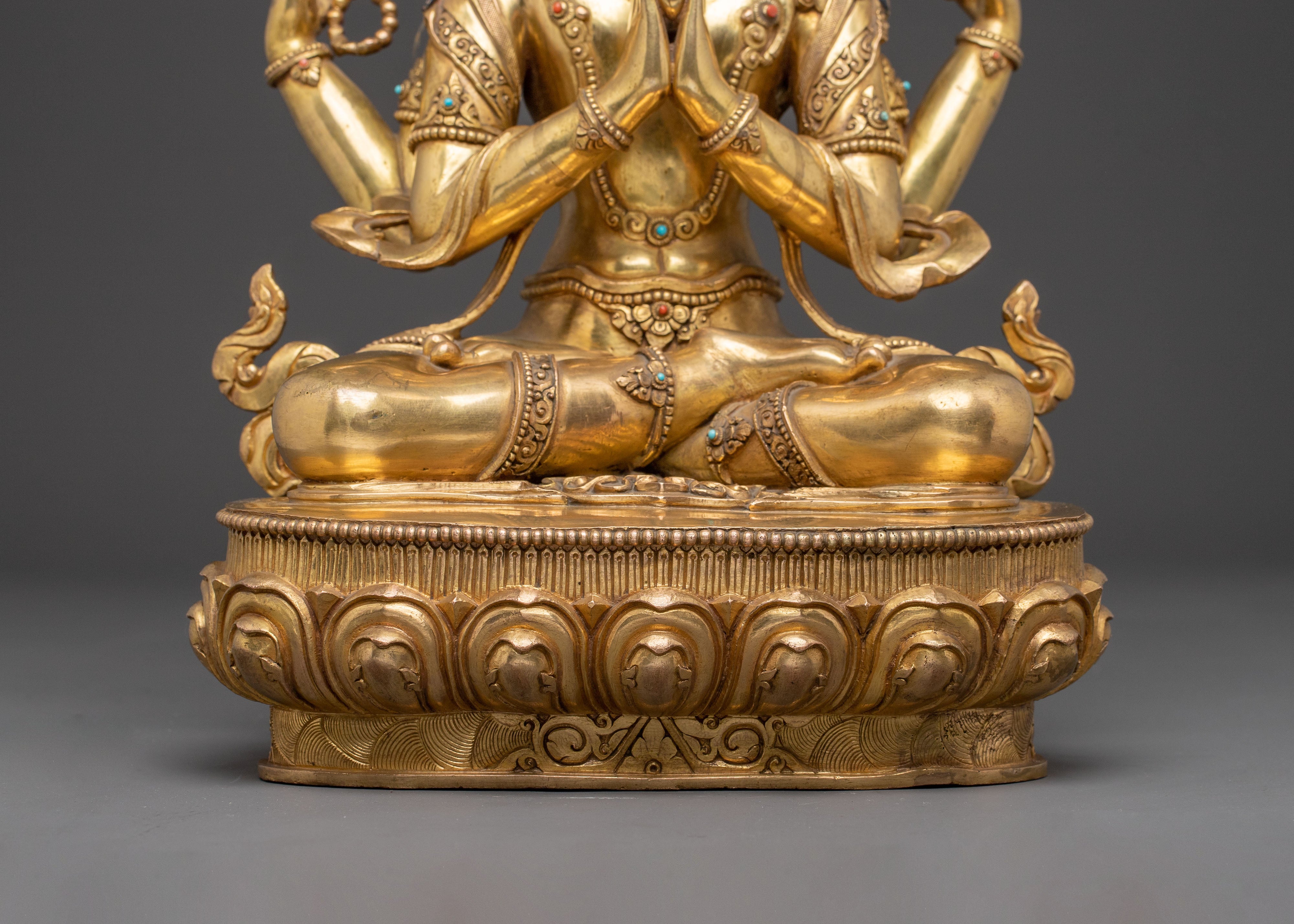 Handcrafted Chenrezig Golden Statue | Tibetan Bodhisattva of Compassion