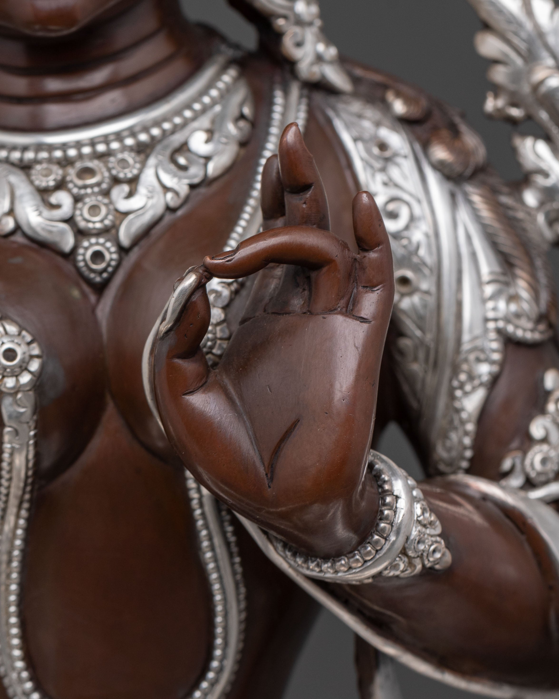 Green Tara: Oxidized Copper Statue with Silver Plated