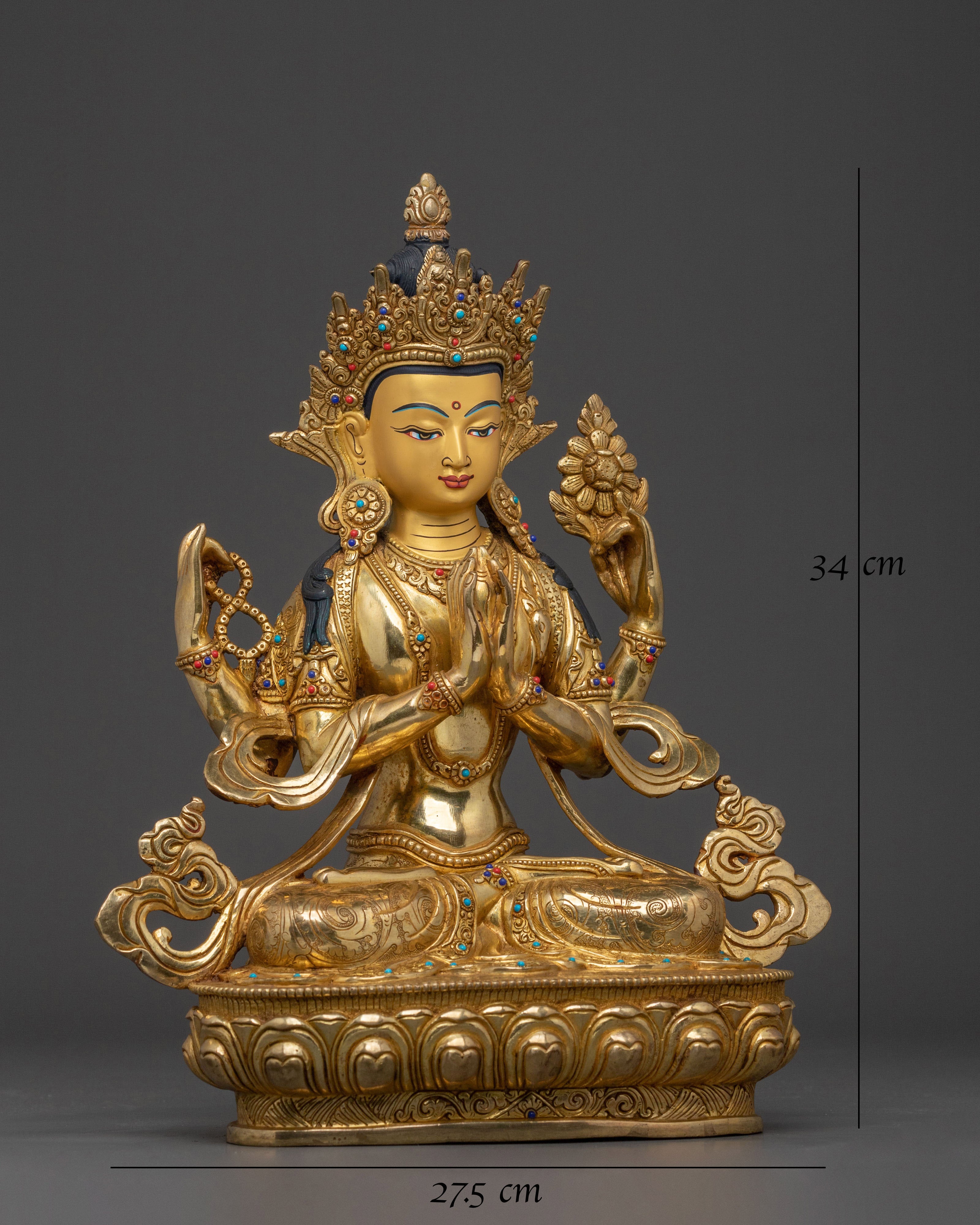 Four-Armed Chenrezig Statue: 24K Gold Gilded Serenity