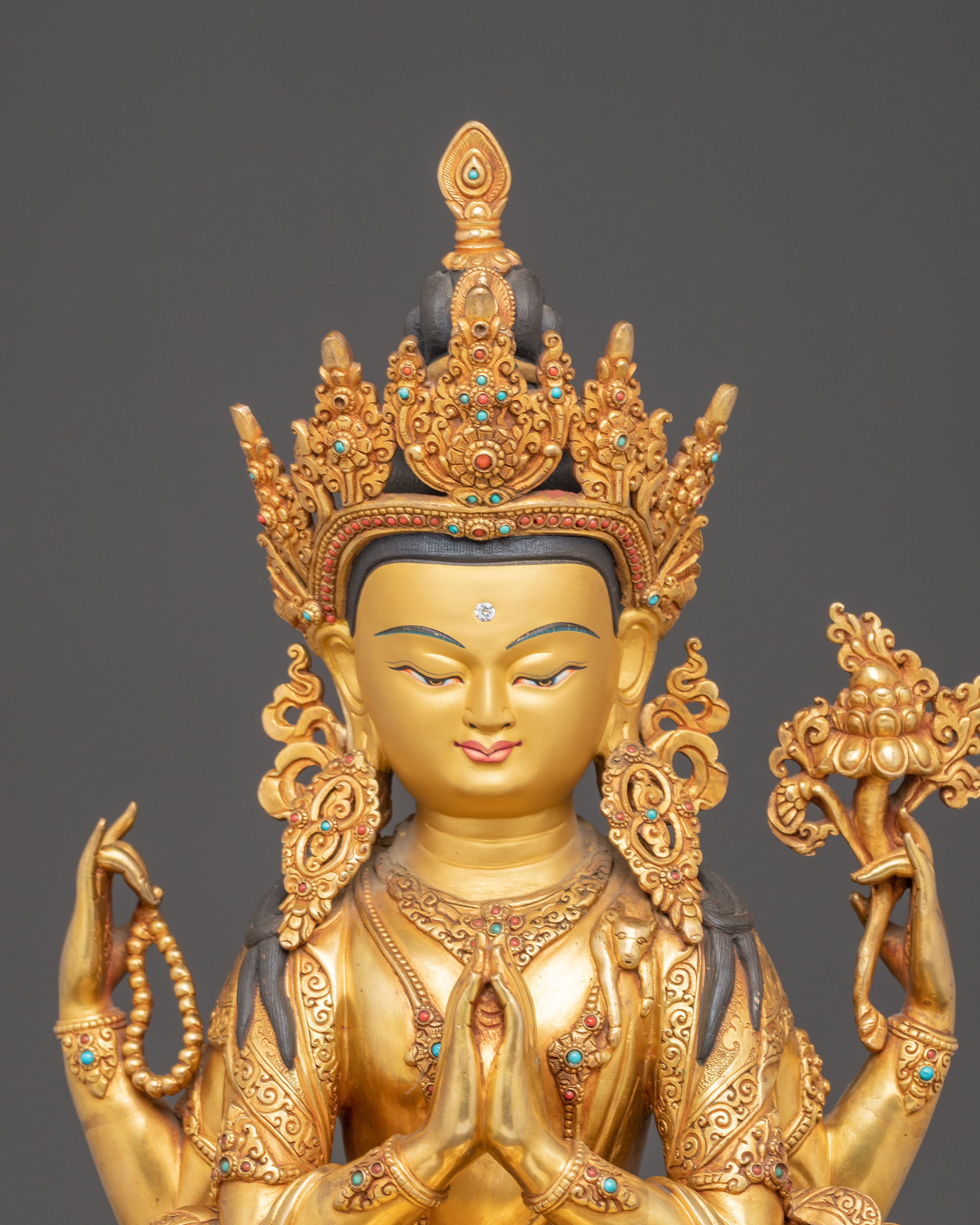 Golden Avalokiteshvara Bodhisattva Statue | Compassion Deity