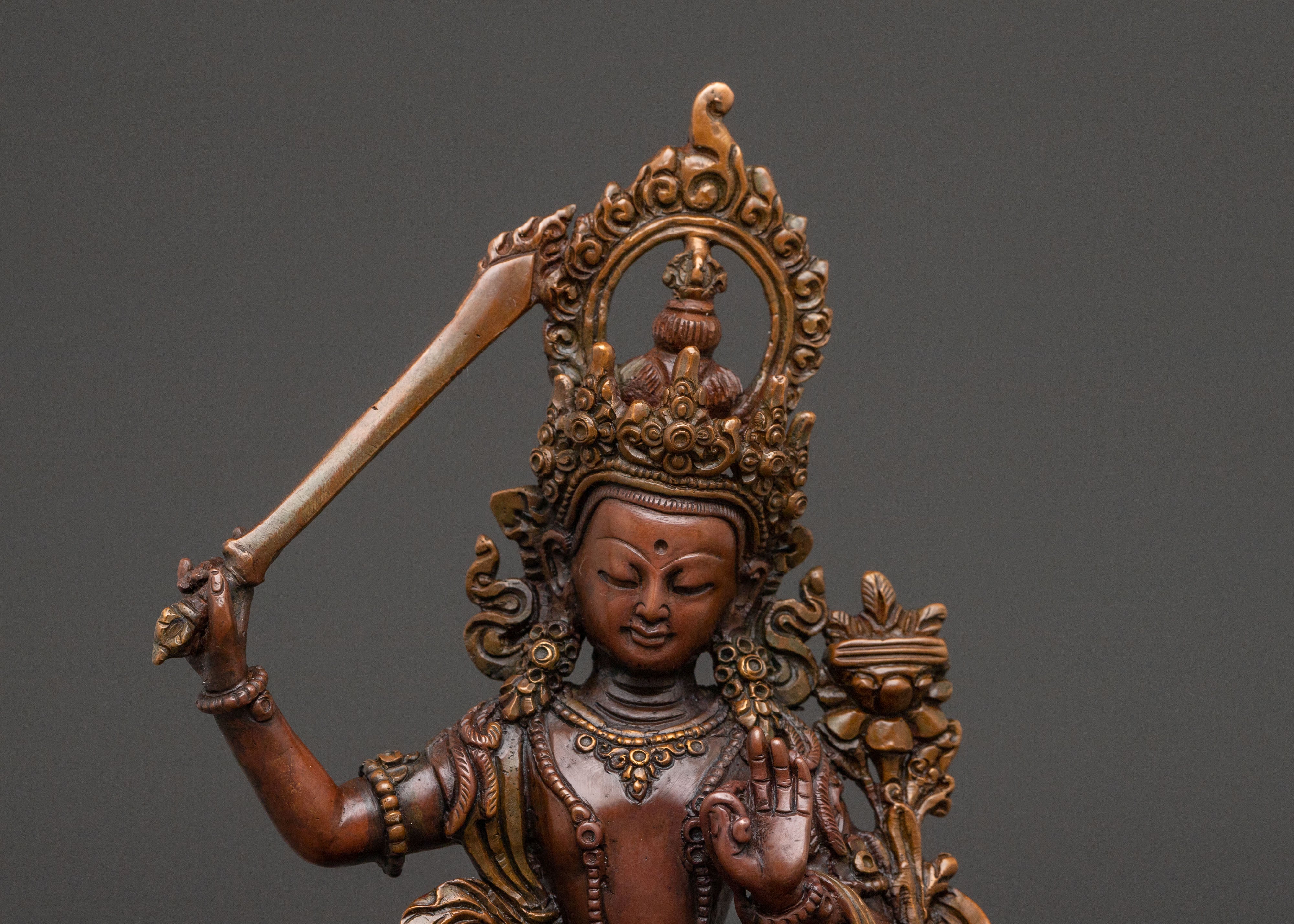 Tibetan Manjushri Handcrafted Statue - Oxidized Copper Statue