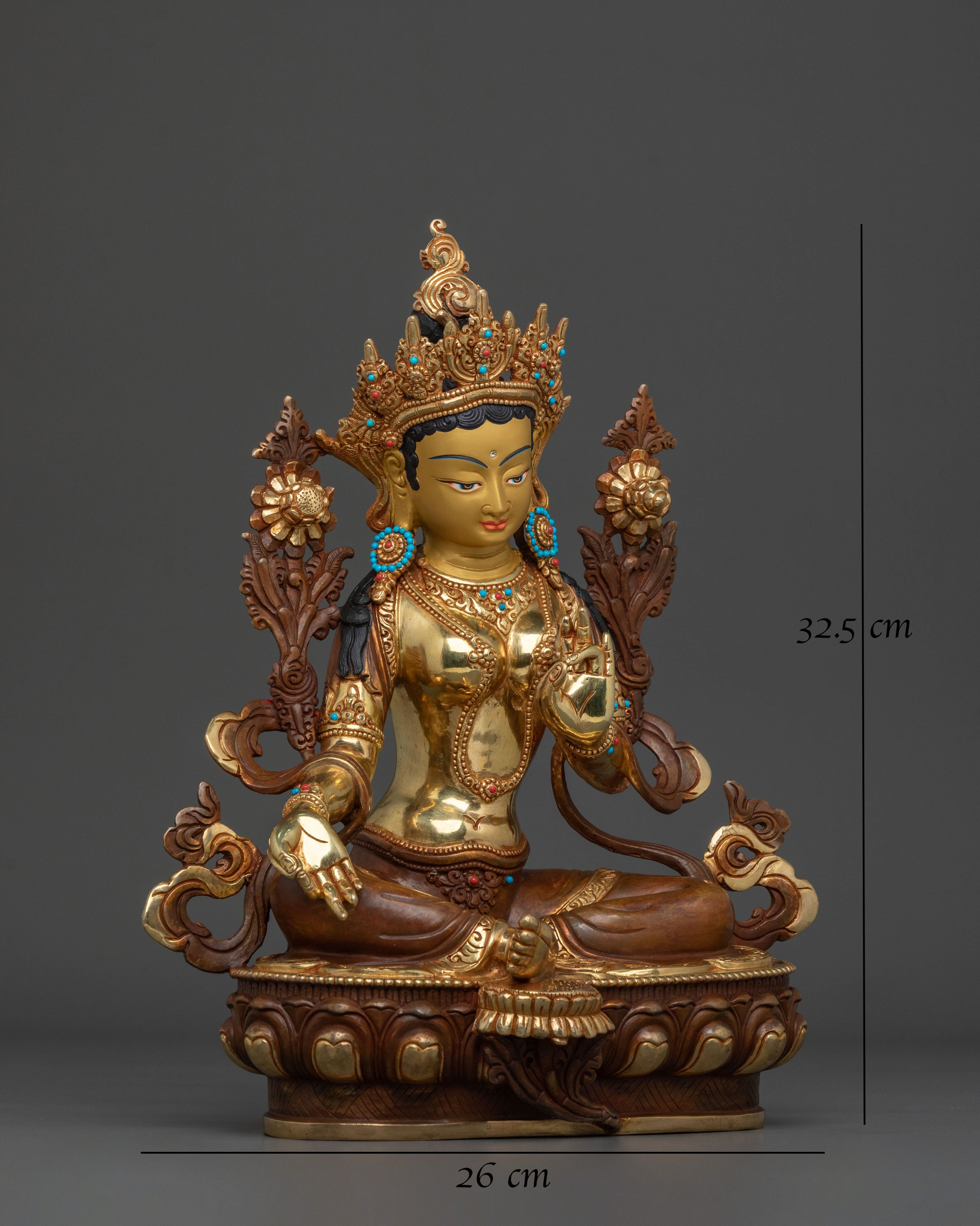 Green Tara Fire Gold Gilded Sculpture | Goddess of Compassion