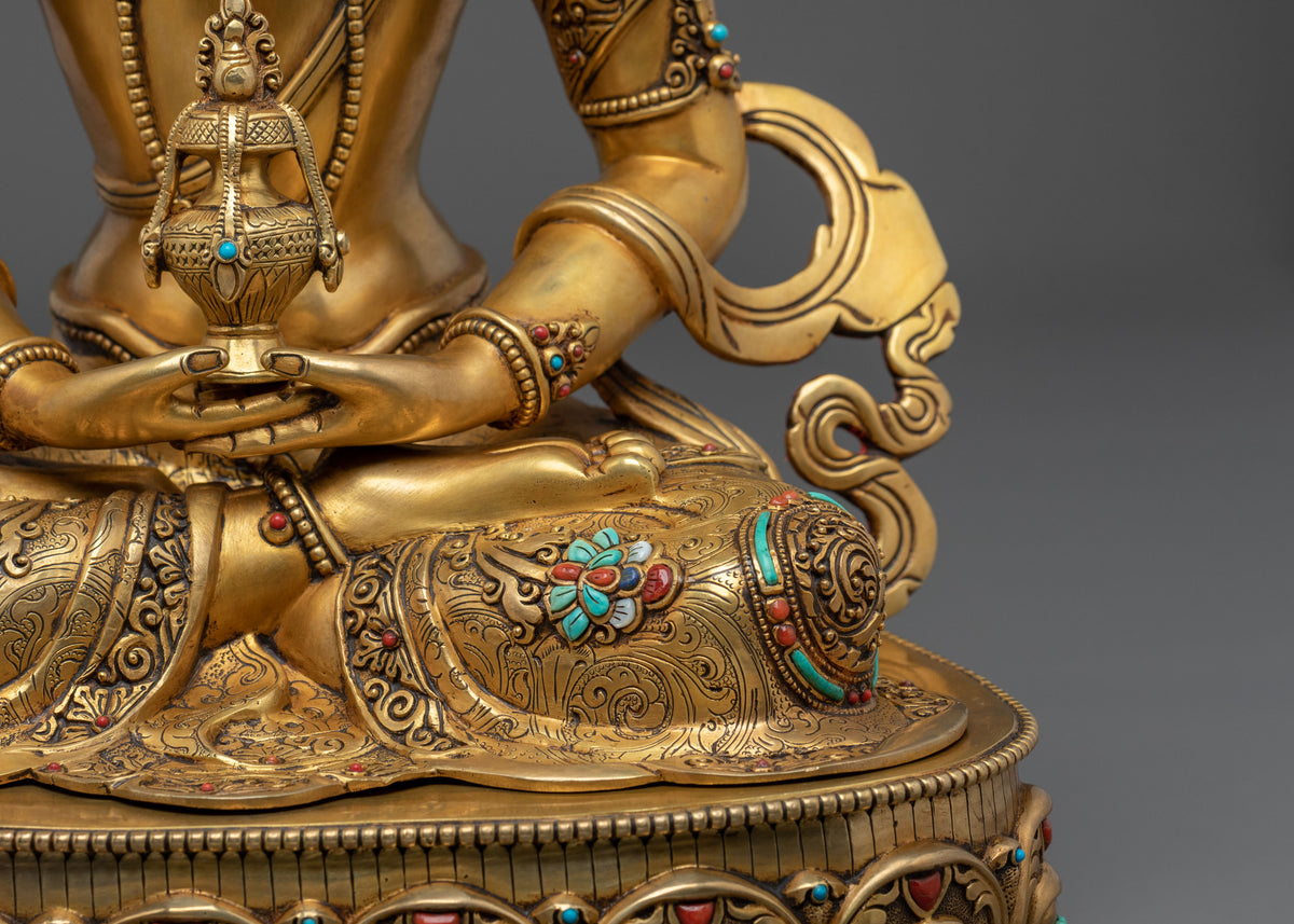 24K Gold Gilded Copper Amitayus Statue with Gemstones | Buddha of Infinite Life