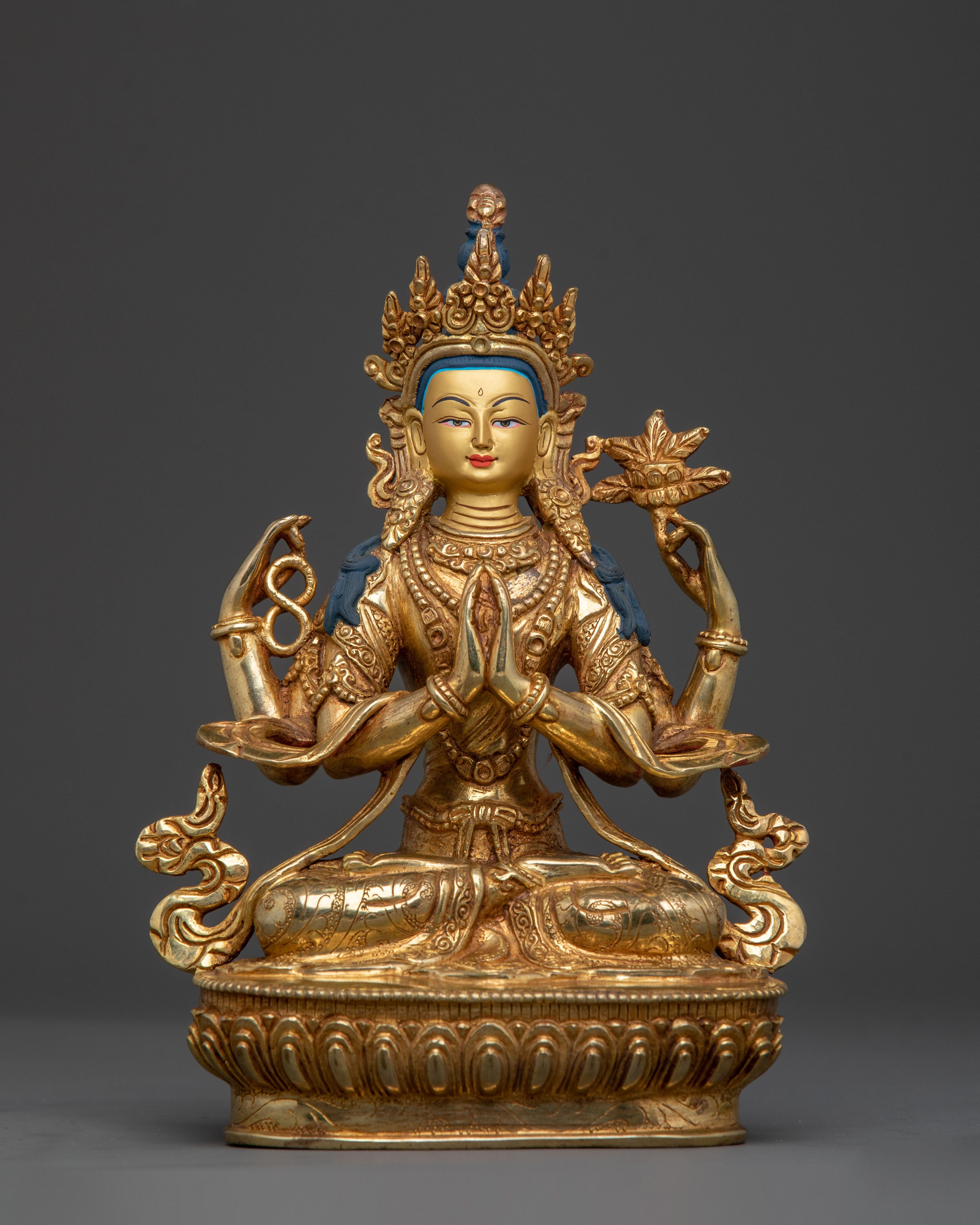 Radiant Bodhisattva Chenrezig Statue: 24K Gold Gilded