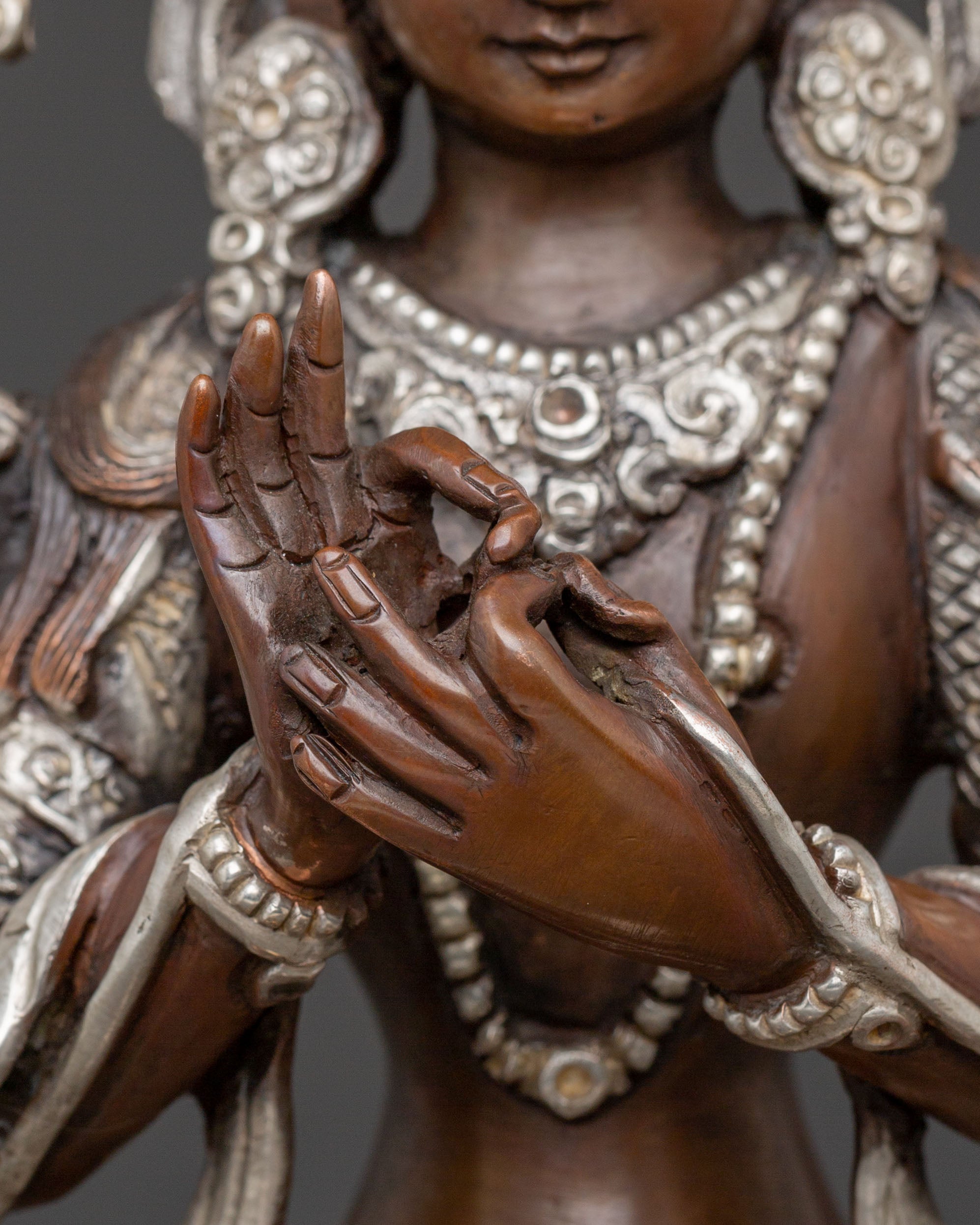 Sacred Maitreya Buddha Copper Statue – Tranquil Silver Finish