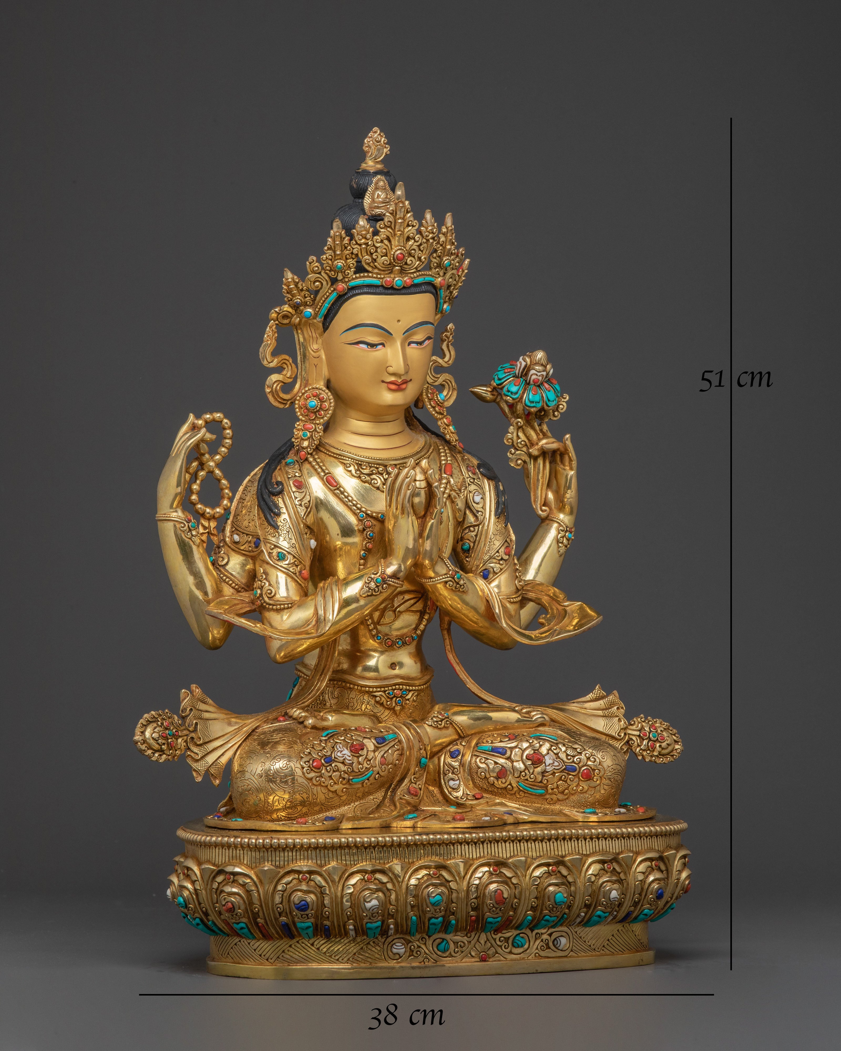 Buddhist Mercy Chenrezig Sculpture – Radiant 24K Gold Gilded Artistry