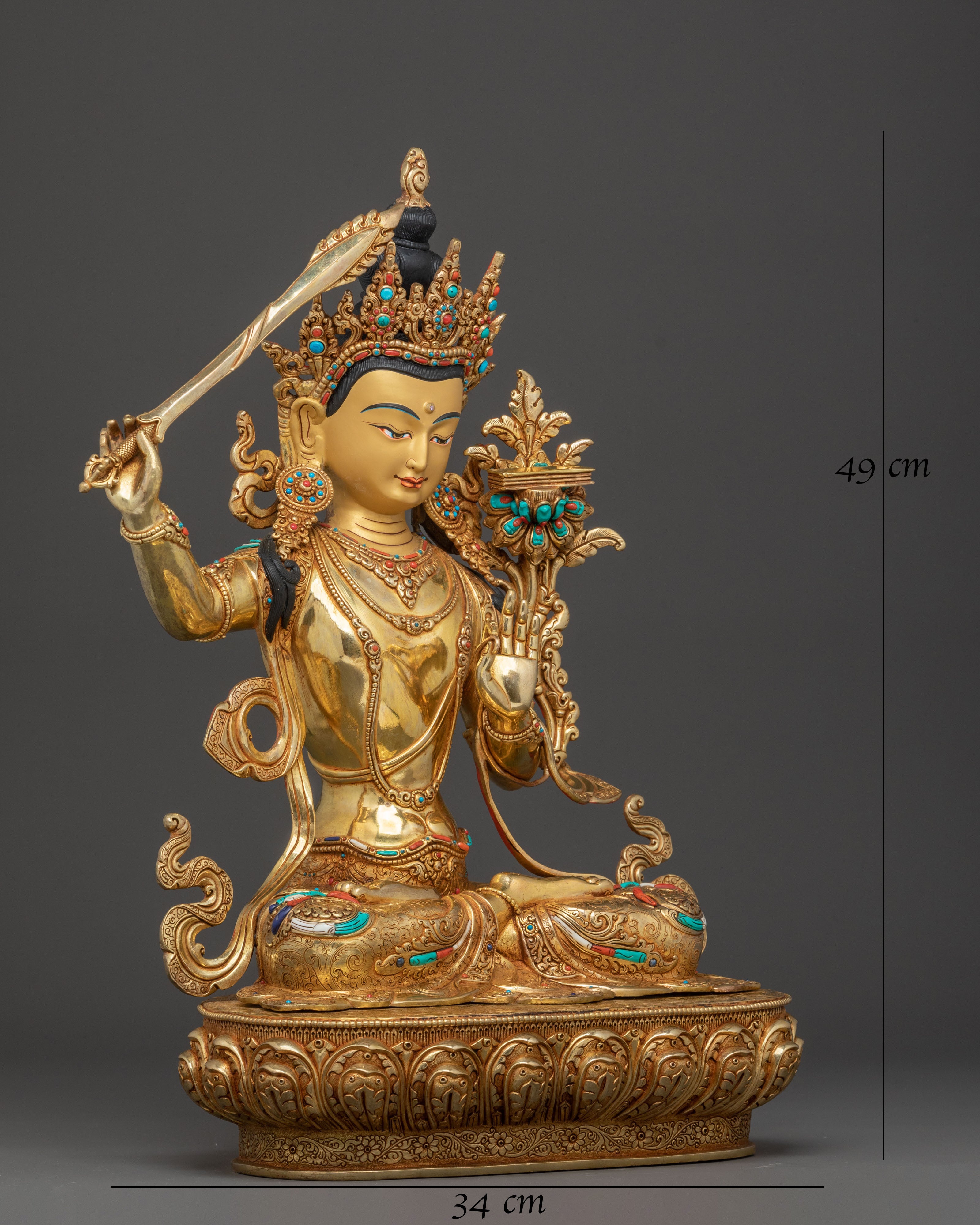 Handcrafted Wisdom Bodhisattva Manjushri Statue - 24K Gold Gilded Masterpiece