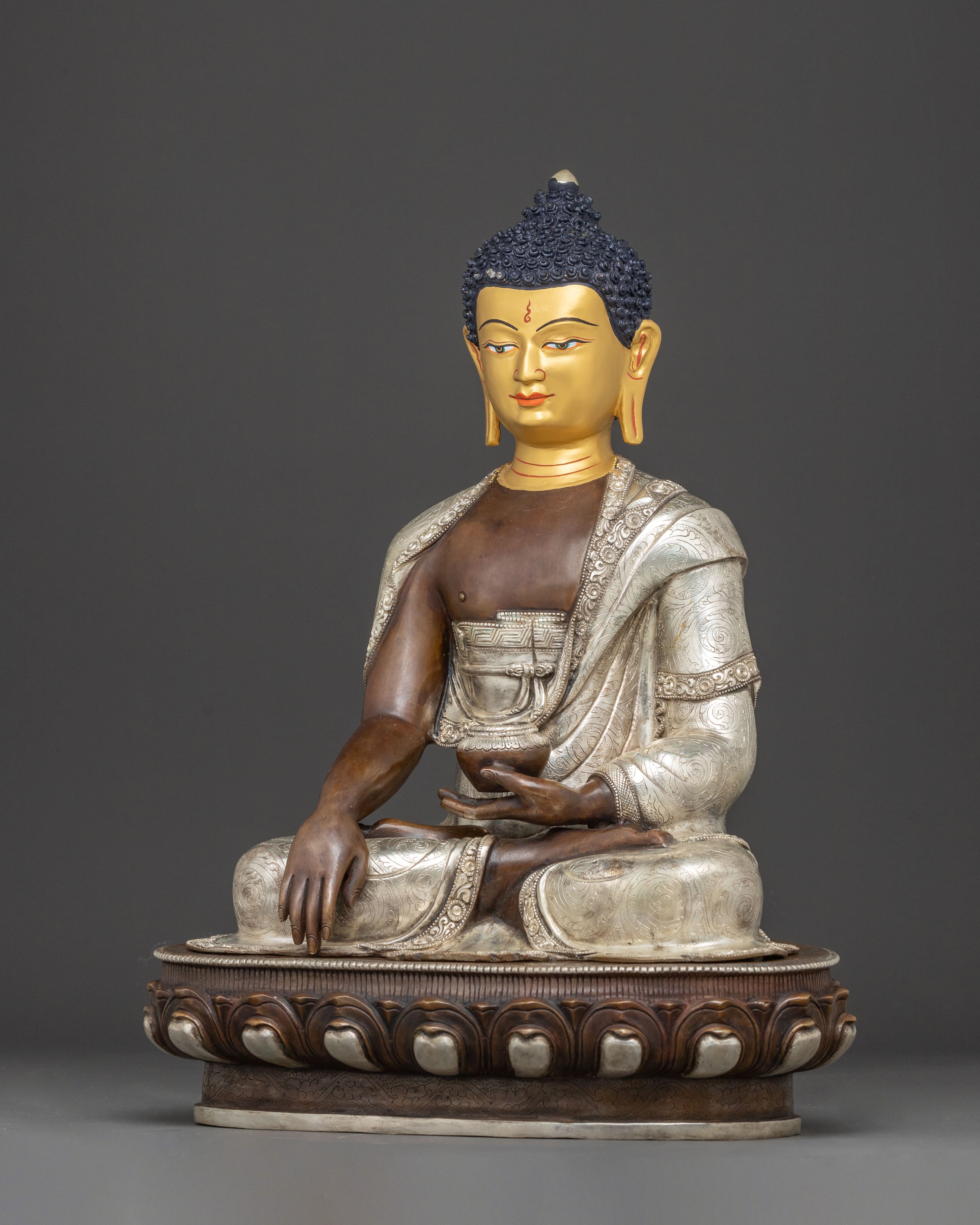Silver-Plated Shakyamuni Buddha Copper Statue | A Sacred Vision of Enlightenment