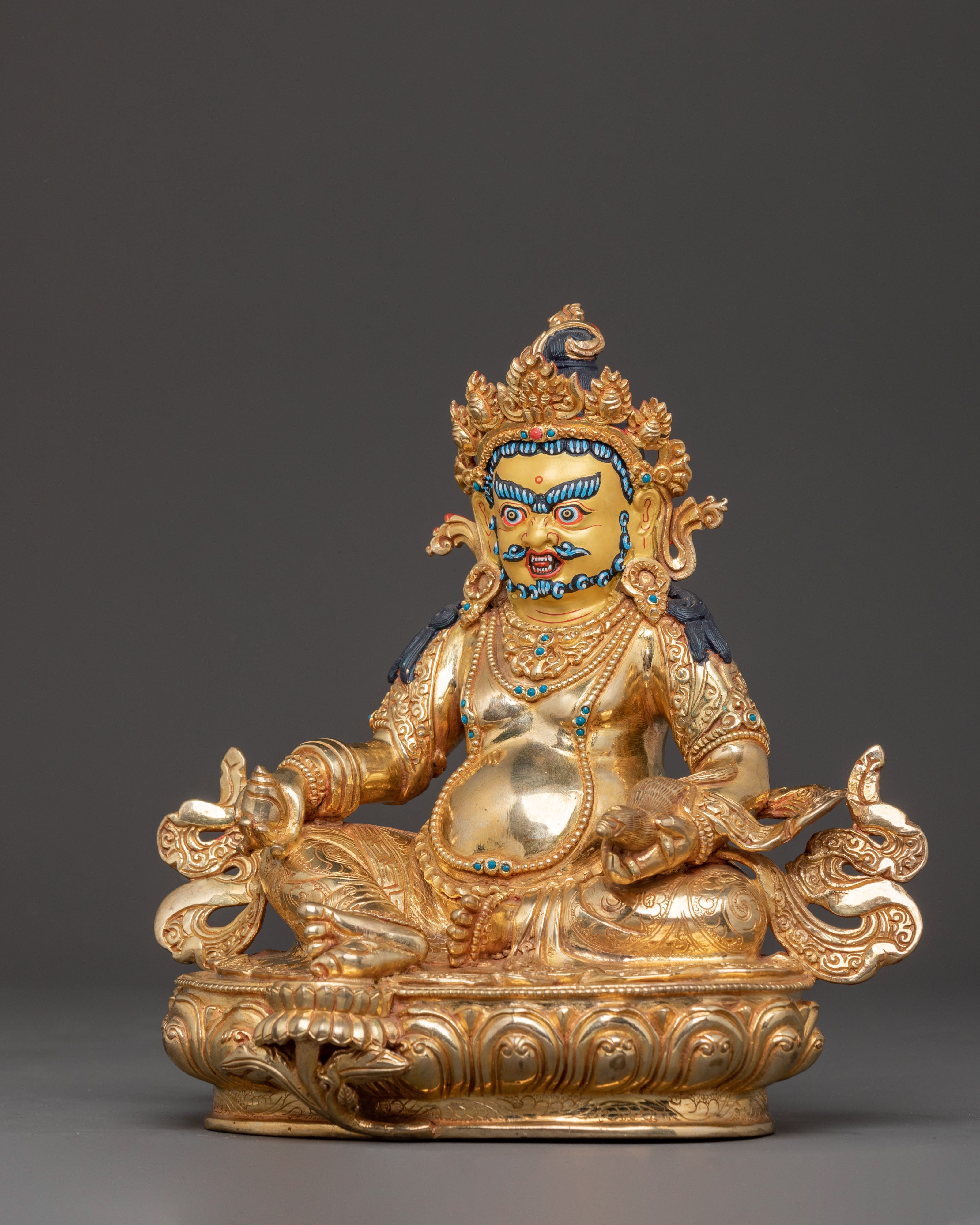 Handcrafted Dzambhala Sculpture: 24K Gold Gilded Statue