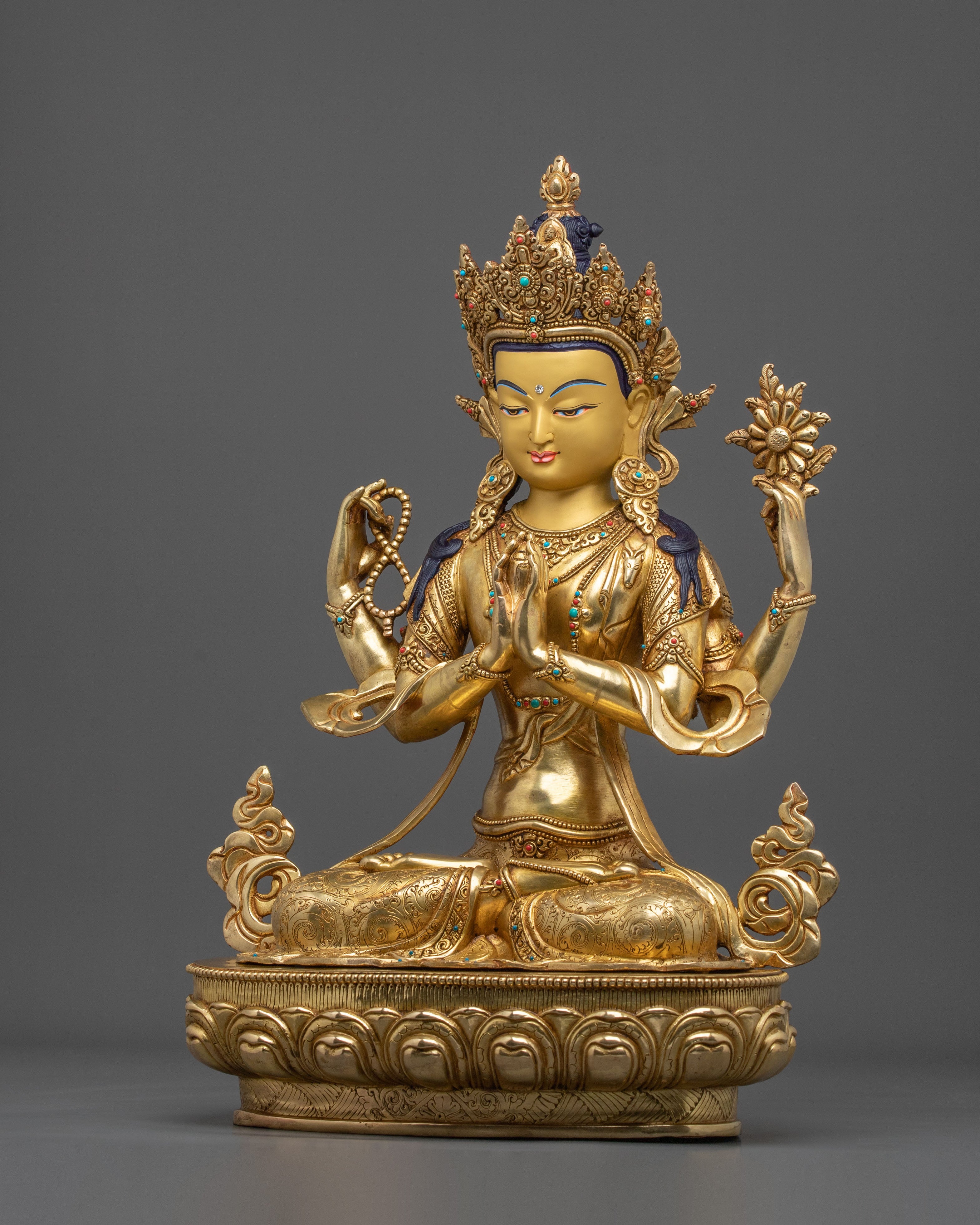 Four-Armed Chenrezig Sculpture | 31.5cm Golden Figurine